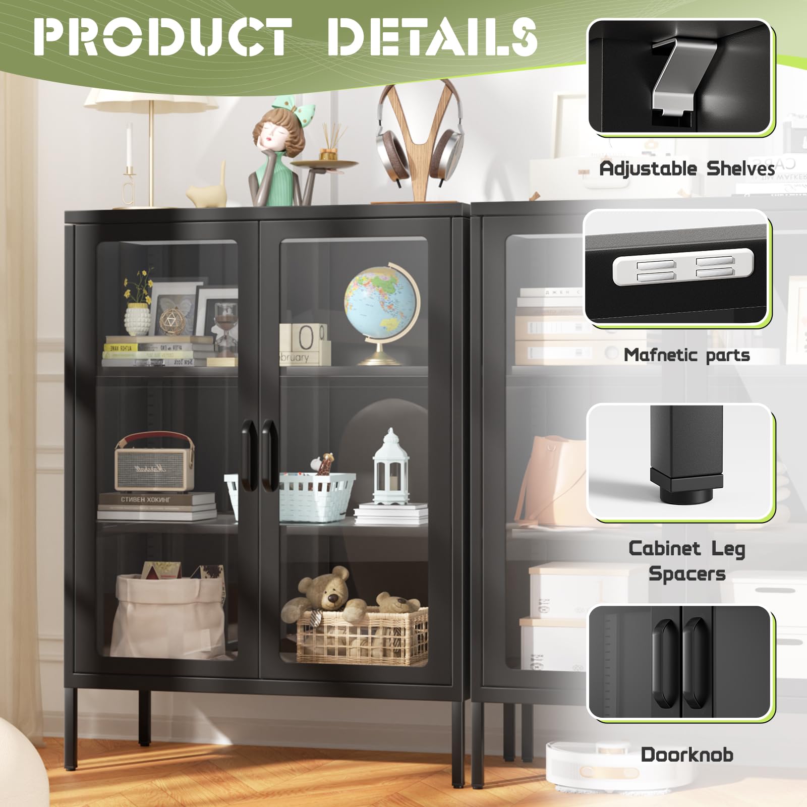 Betterland Black Metal Storage Cabinet with 2 Glass Doors & 2 Shelves - Lockable Curio Display Cabinet for Home, Pantry, Kitchen | Perfect for Showcasing Collectibles, Storing Spices & Organizing Kitchen Supplies