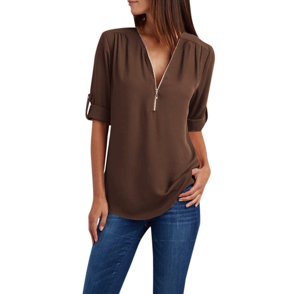 Women's Rolled Short Sleeve V-Neck Zipper Work Tops - Lightweight Thin Summer Blouses in Solid Colors for Big & Tall - Perfect for Office Wear, Casual Outfits and Summer Fashion