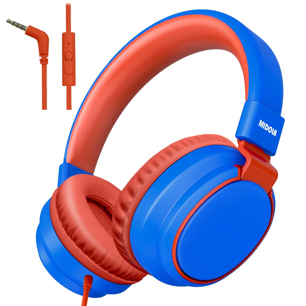MIDOLA Kids Headphones with Volume Limiter (85/110dB) - Wired Over-Ear Foldable Headset with Built-in Mic & 3.5mm AUX Cable - Safe for Children's Ears - Perfect for School, Travel, Gaming & Online Learning (Blue)