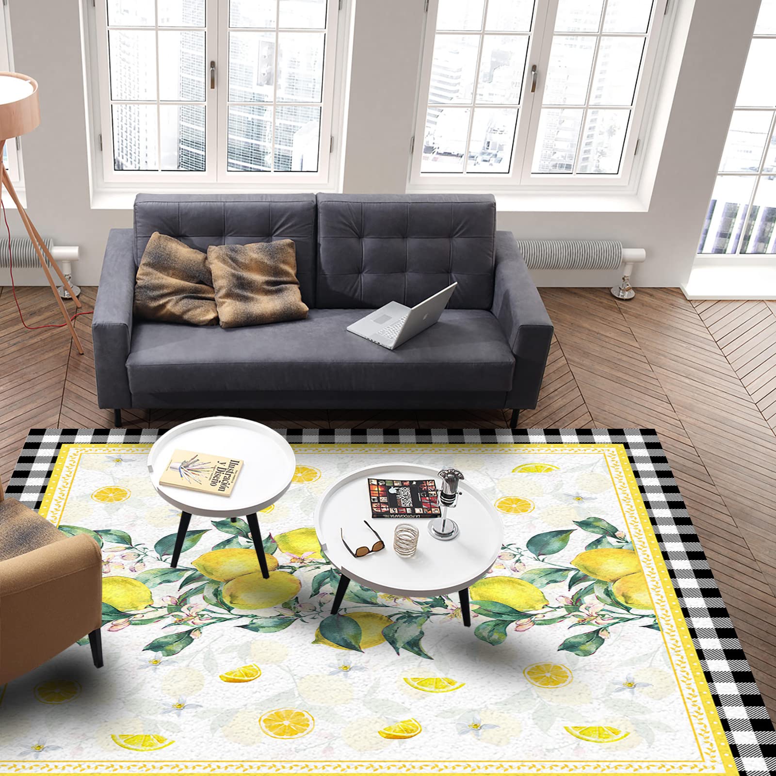 5'x8' Large Non-Slip Area Rug - Black and White Plaid Pattern for Living Room, Bedroom, Kitchen | Durable Floor Mat for Kids Room, Home Decor with Marble Backdrop | Perfect for Farmhouse, Modern & Rural Style Homes