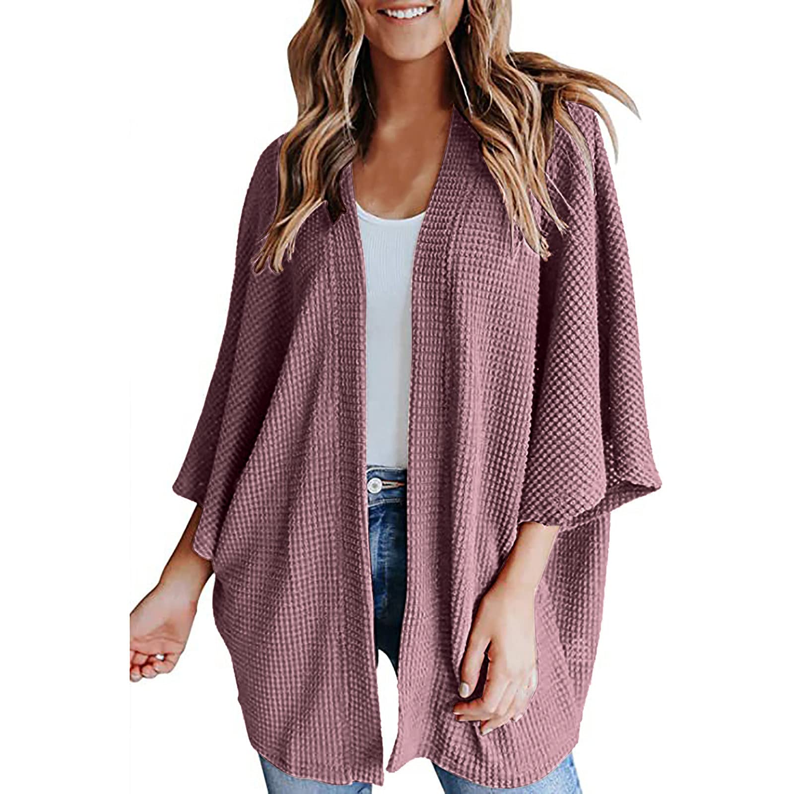 Plus Size Knit Cardigans for Women - Lightweight Batwing 3/4 Sleeve Waffle Knit Open Front Cardigan - Loose Trendy Coat for Fall & Winter - Perfect for Office, Casual Outfits and Layering