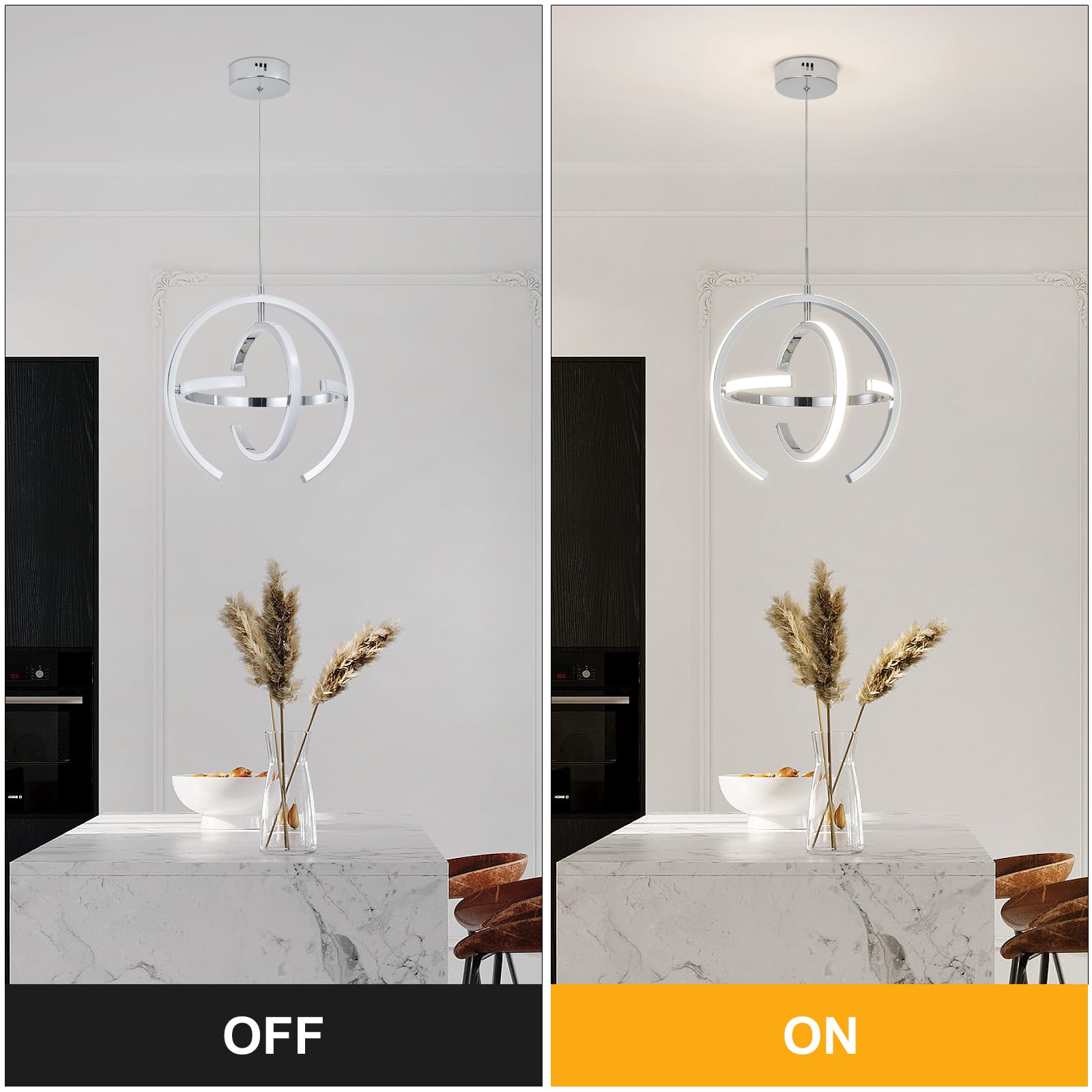 Q&S Modern LED Chandelier - Chrome Silver Round Globe Pendant Light Fixture for Kitchen Island, Dining Room, Living Room & Entryway - Energy Efficient Hanging Light for Home Decor & Ambience