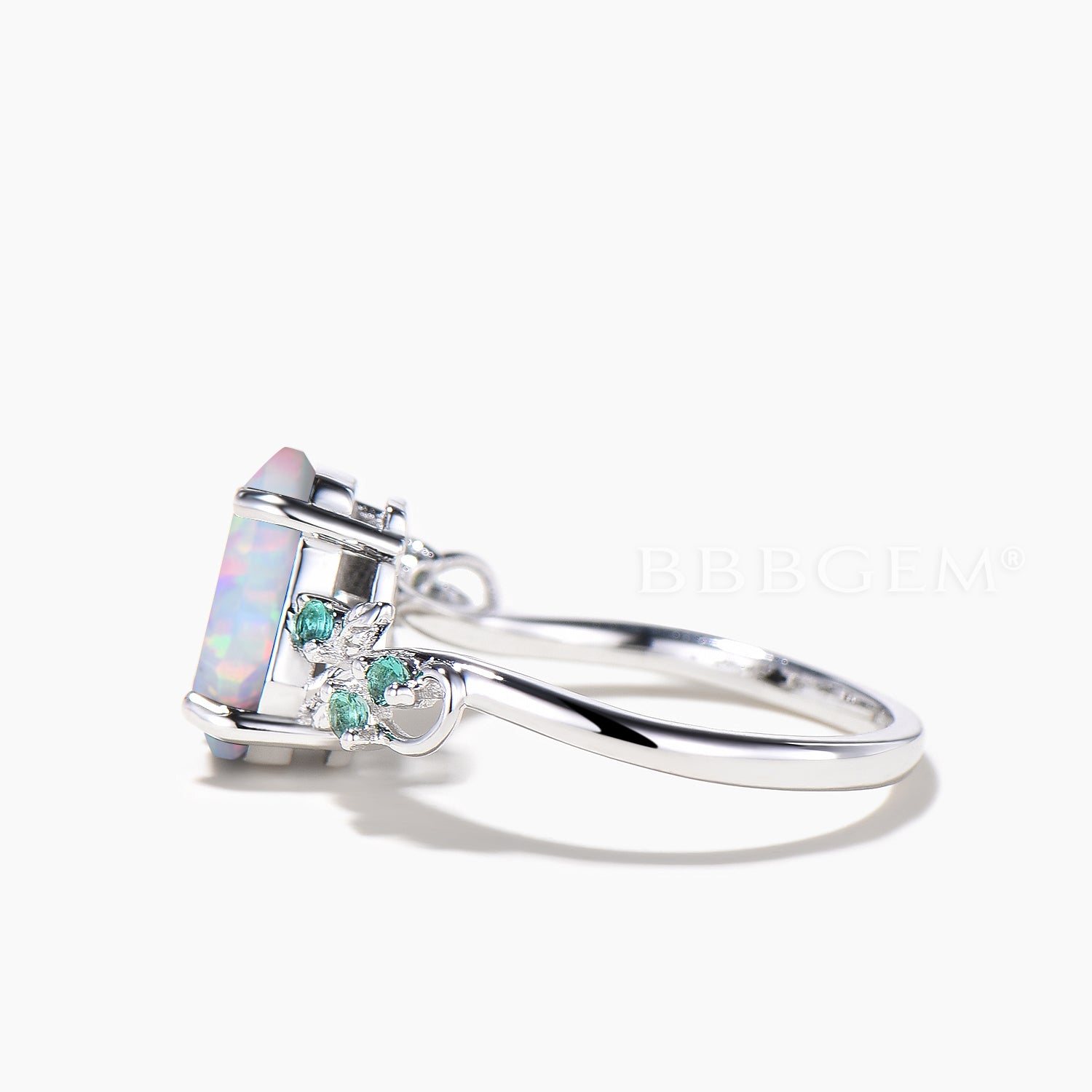Nature Inspired Coffin Cut White Opal & Emerald Leaf Engagement Ring - Elegant Botanical Wedding Jewelry for Brides, Nature Lovers & Outdoor Ceremonies
