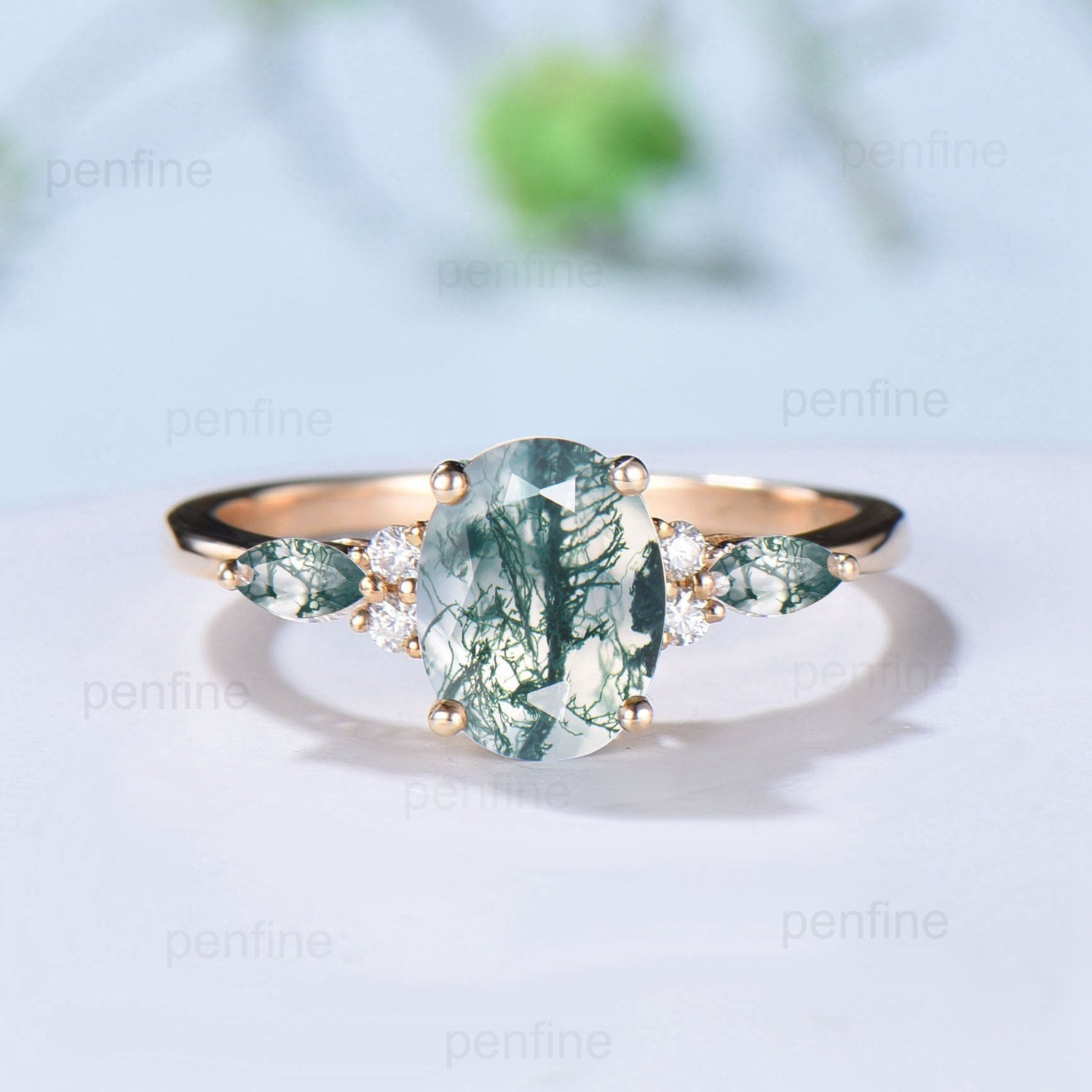 1.5CT Natural Oval Moss Agate Engagement Ring Set with Marquise Aquatic Agate Moon Wedding Ring - Nature Inspired Double Leaf Stacking Bridal Jewelry Set for Women - Perfect for Engagement, Wedding, Anniversary & Everyday Wear