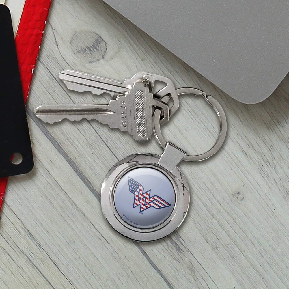 Wonder Woman USA American Flag Logo Keychain - Chrome Plated Metal Round Key Ring - Perfect for Gifts, Keychains Collection & Superhero Fans