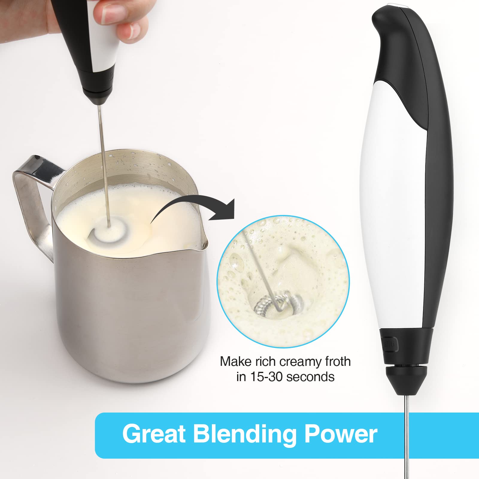 Premium Electric Milk Frother - Stainless Steel Handheld Frother with Bigger Handle for Coffee, Latte, Cappuccino & Hot Chocolate - Perfect for Home, Office & Cafe Use