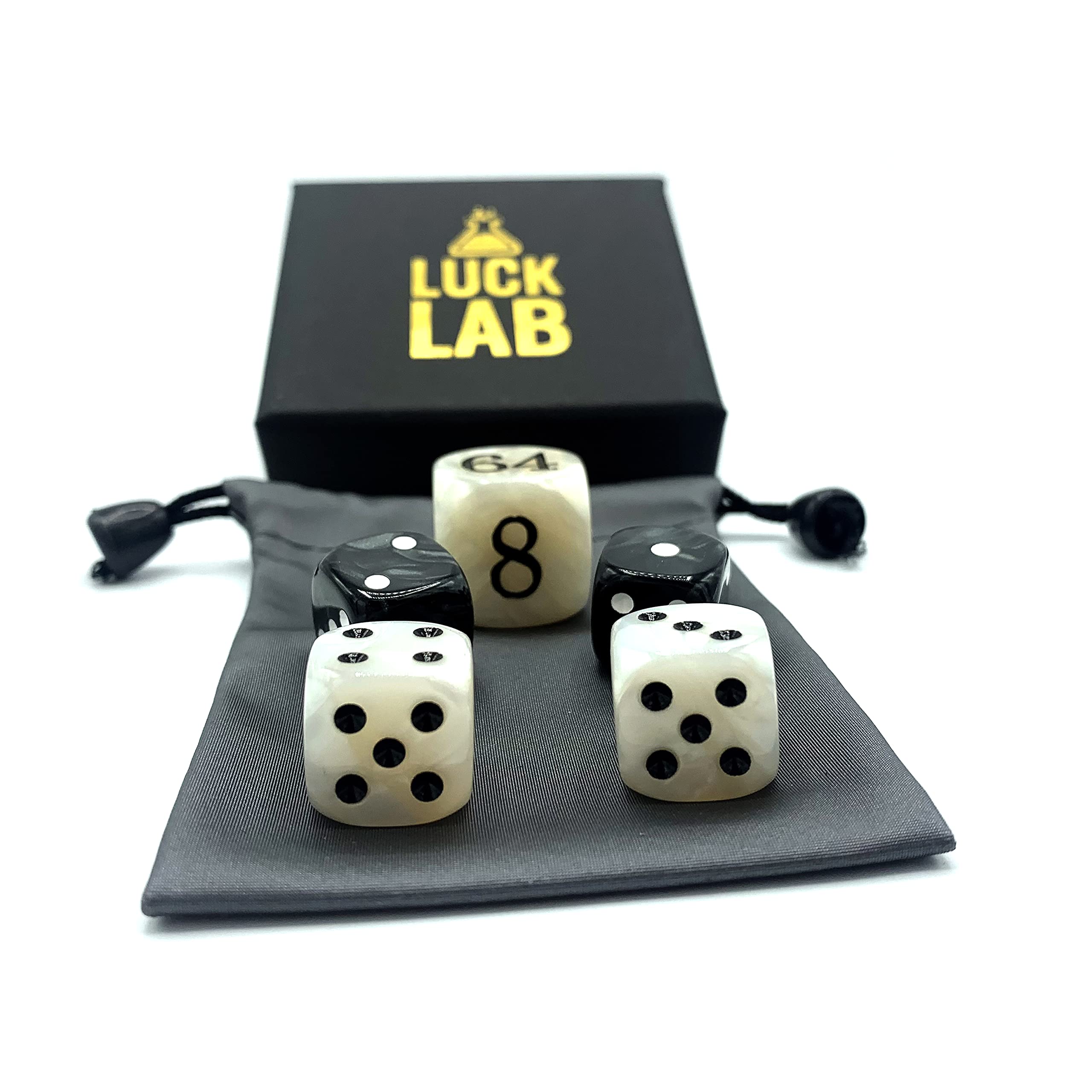 Luck Lab Backgammon Pearl Dice Set - 22mm Doubling Cube & Four 16mm Dice with Bonus Storage Bag, Black/White Marbleized - Premium Game Accessories for Backgammon, Board Games, Casino Night & Gifts