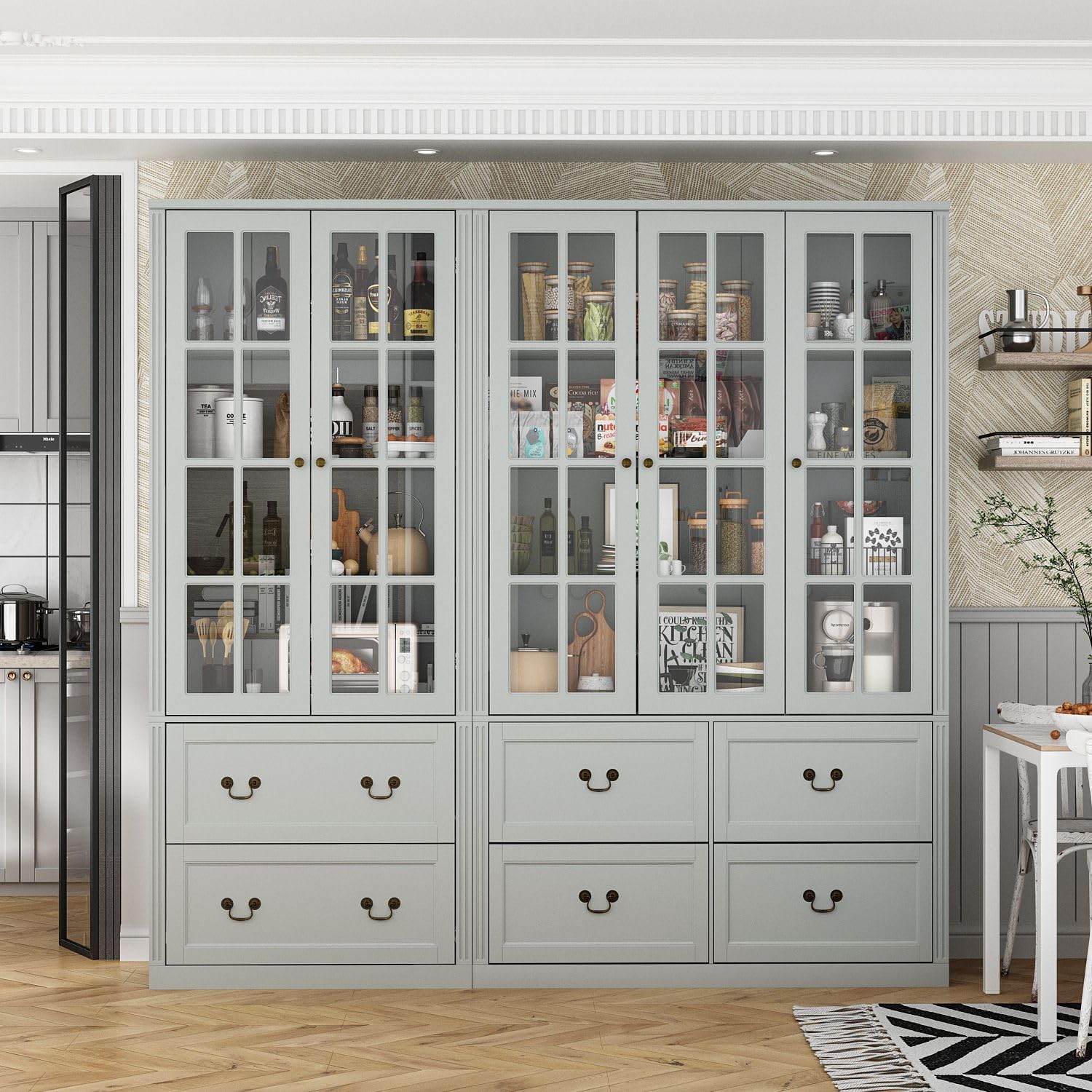 MOUMON Pantry Cabinet with 2 Drawers & Glass Doors - Adjustable Shelves Kitchen Storage Cabinet, 31.5
