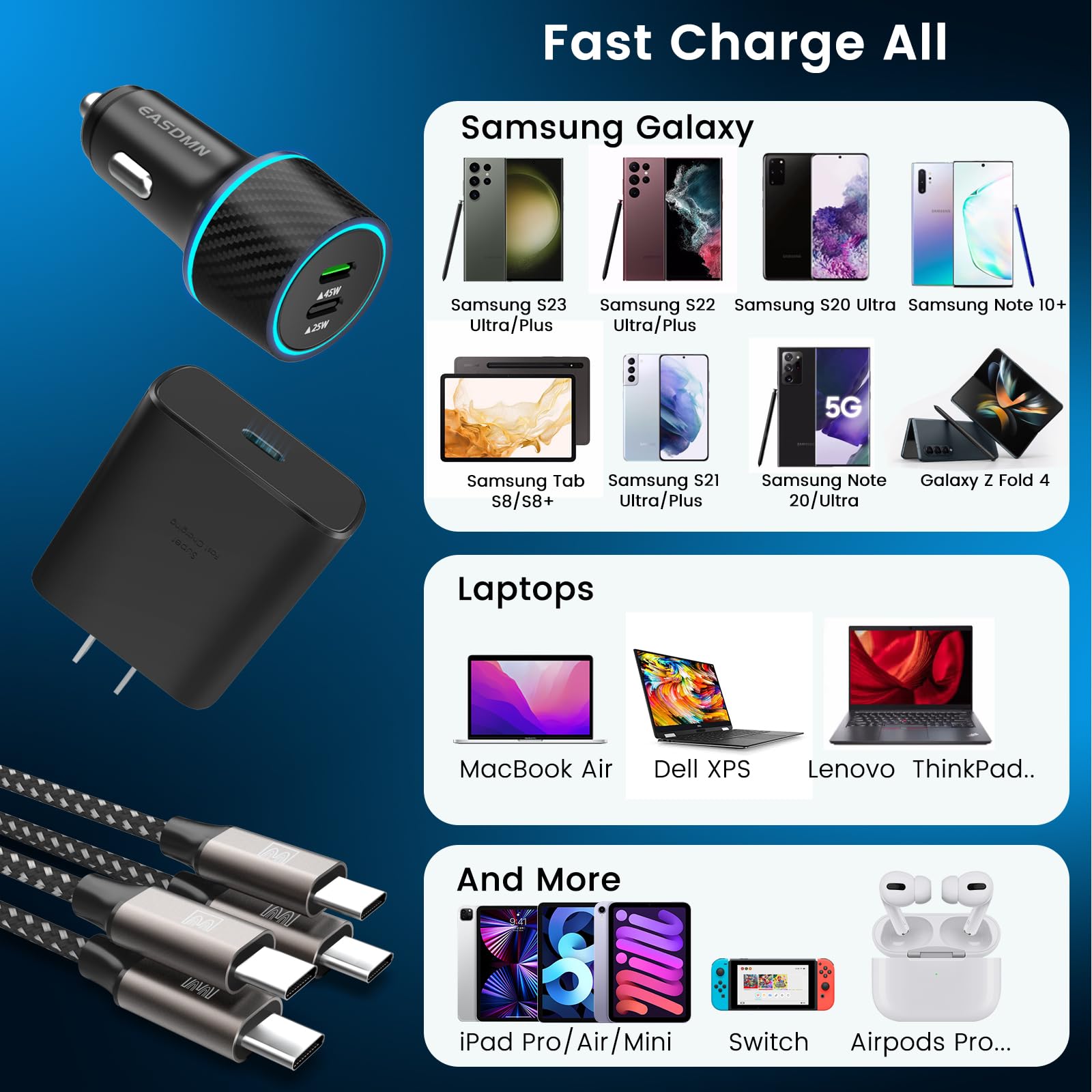 45W USB-C Fast Charger 2-Pack - PPS Super Fast Charging Wall & Car Adapter for Samsung Galaxy S25/S24/S23/S22/S20 Ultra, Note 10+, Tab S9 - Includes 2x 6.6ft Cables - Perfect for Home, Office & Travel Charging