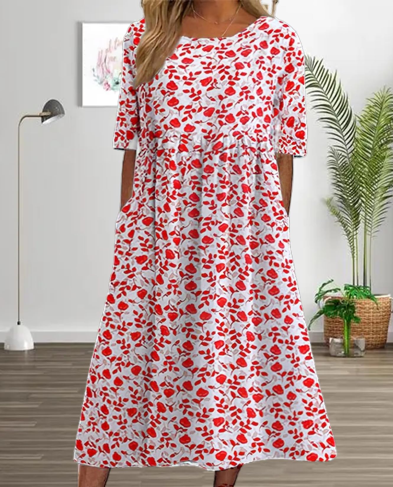 **Boho Floral T-Shirt Dress for Women - Casual A-Line Midi Summer Dress with Pockets | Perfect for Beach, Vacation & Everyday Wear**