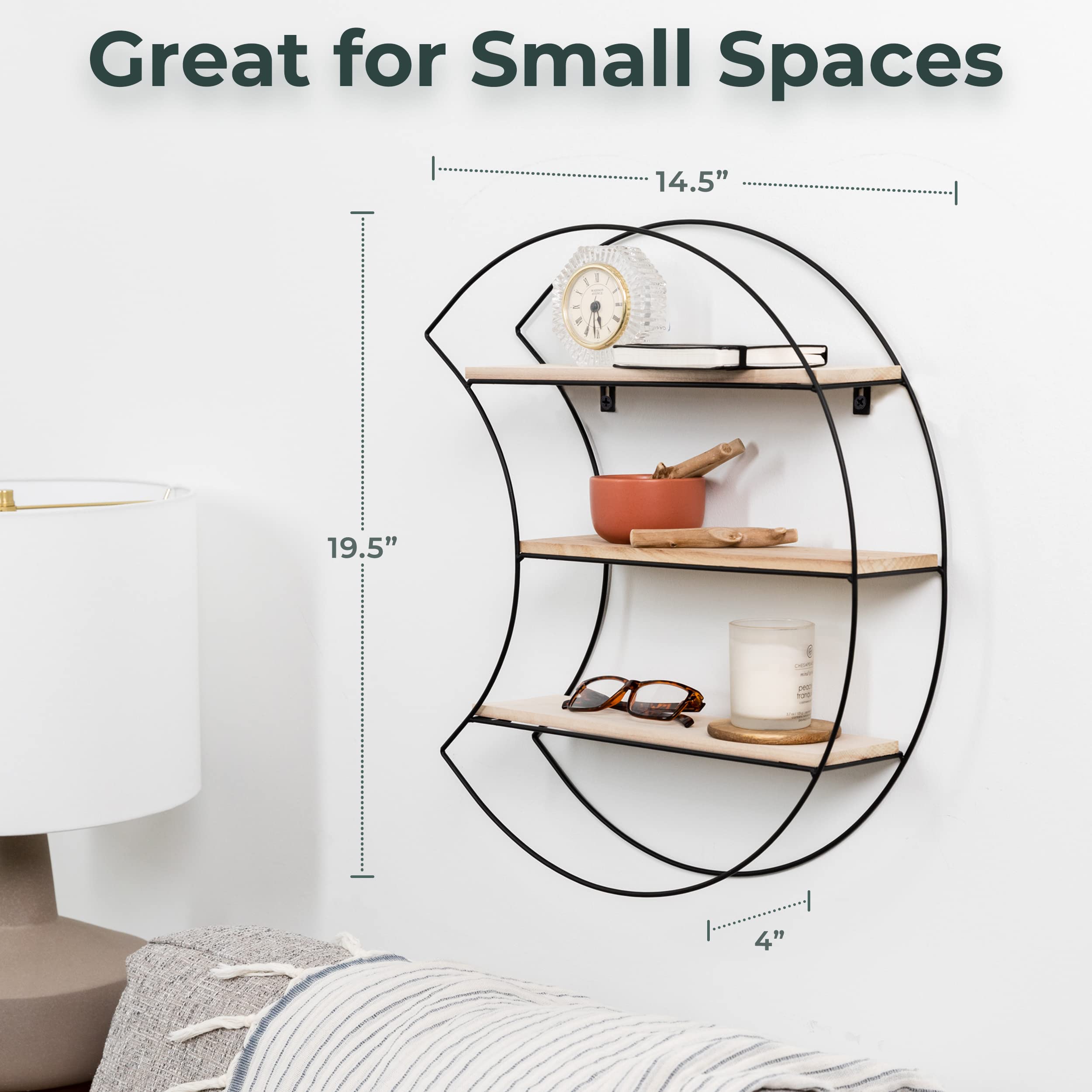 Greenco Geometric Moon Shaped Floating Wall Shelf - Rustic Wood & Metal Wire Home Decor Storage - Perfect for Bedroom, Living Room, Bathroom, Kitchen & Office - Natural Finish | Ideal for Displaying Books, Plants & Decorative Items in Small Spaces