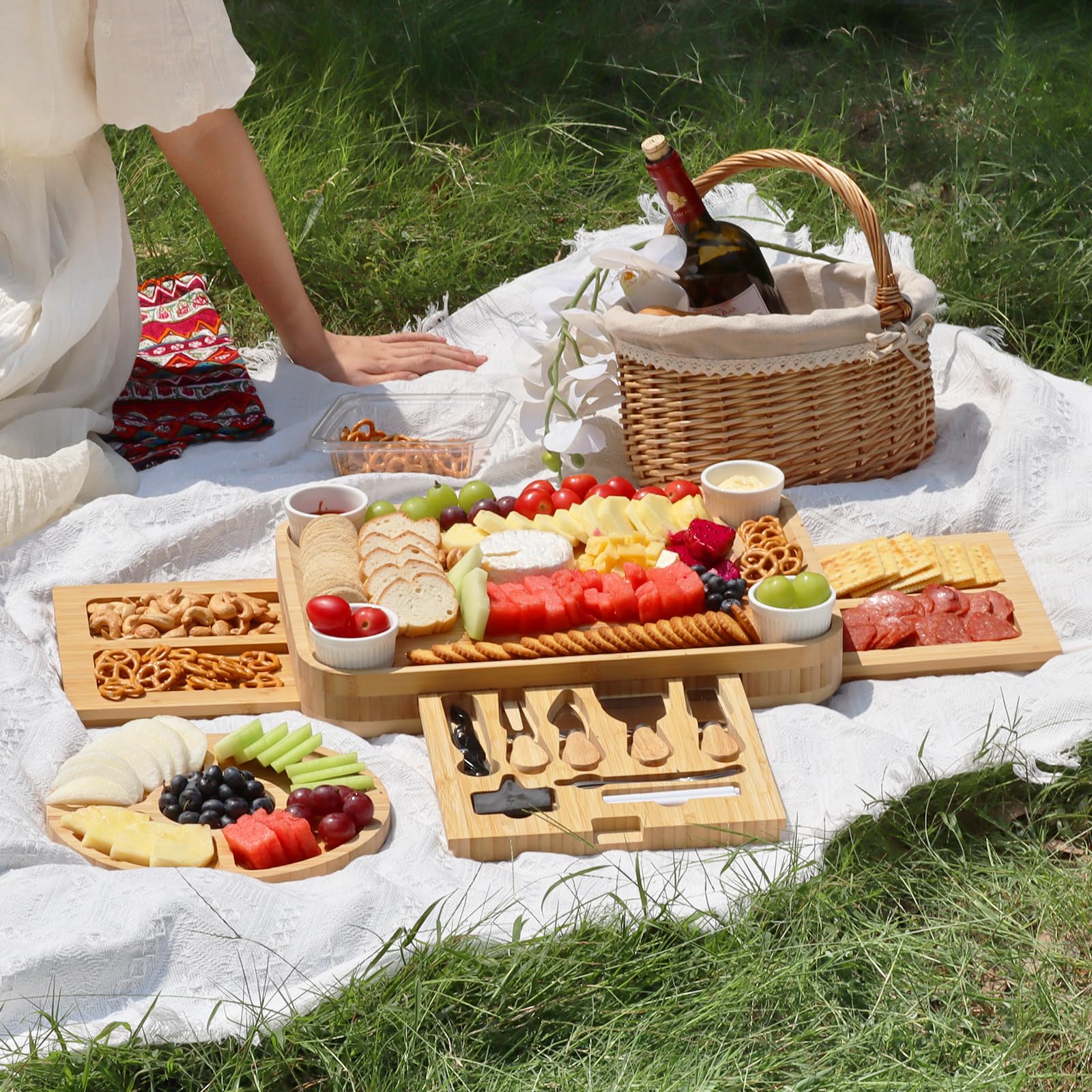Premium Charcuterie Board Set with Lid - Elegant Cheese Serving Tray & Entertaining Platter for Parties, Housewarming Gifts, Women's Gift Ideas - 3 Drawer Cream Design with Convenient Handle (Perfect for Wine Nights, Bridal Showers & Holiday Gatherings)