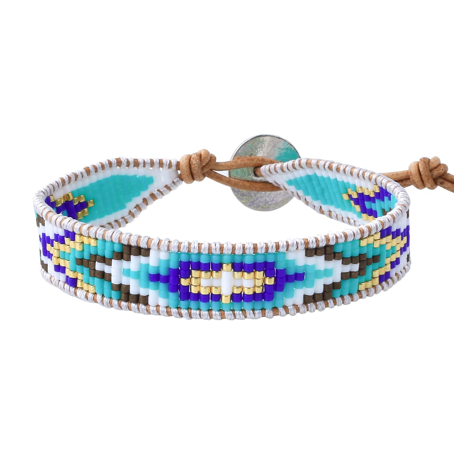 KELITCH Blue Diamond-Shaped Boho Seed Beaded Bracelet - Hand-Braided Bangle for Women - Perfect for Festivals, Beach Parties & Boho Chic Outfits