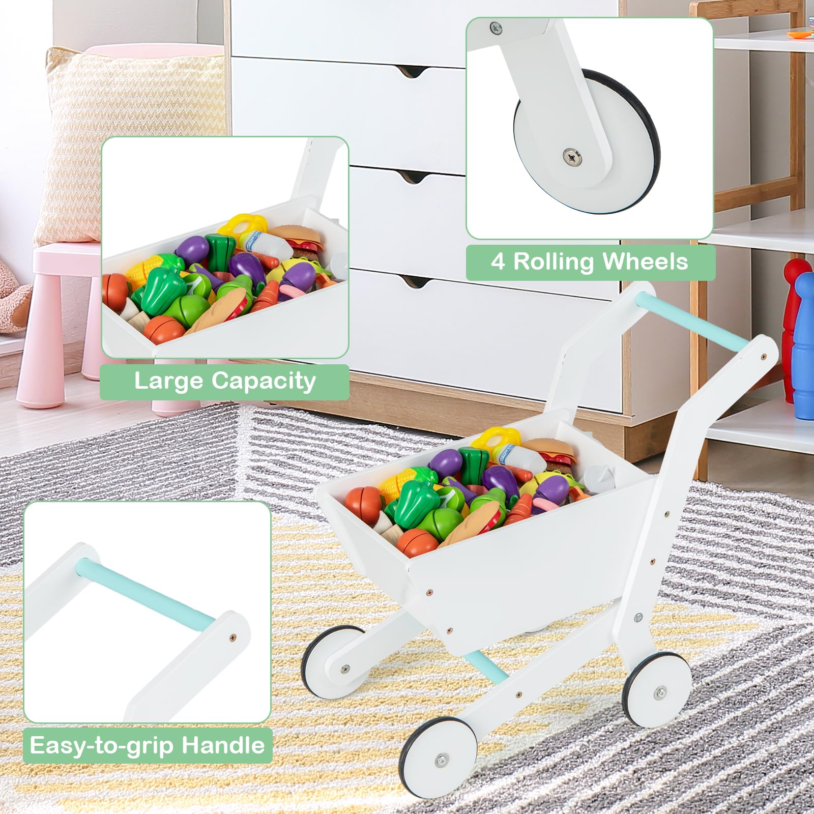 HONEY JOY Kids Wooden Grocery Store Playset with Cash Register & Working Conveyor Belt - Pretend Play Supermarket Toy with Checkout Counter, Lights & Food Accessories - Educational Role Play for Toddler Boys & Girls (White) - Perfect for Home, Classroom & Daycare Pretend Play Activities