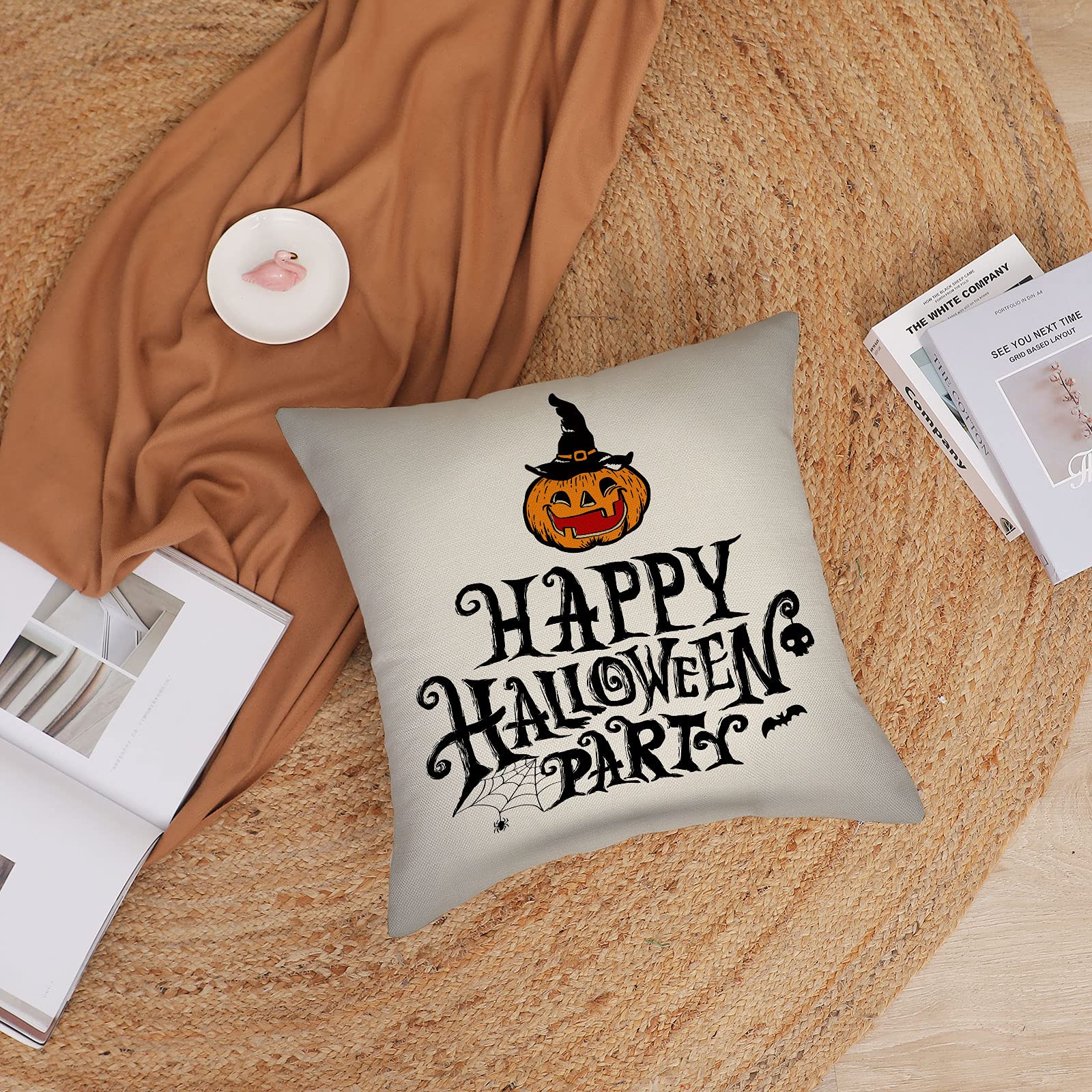 Spooky Halloween Throw Pillow Covers Set of 4 - 20x20 Inch Decorative Fall Pillowcases with Scary Pumpkin & Bat Designs for Sofa, Couch, Bed - Perfect for Indoor & Outdoor Halloween Decorations, Party, Haunted House Theme