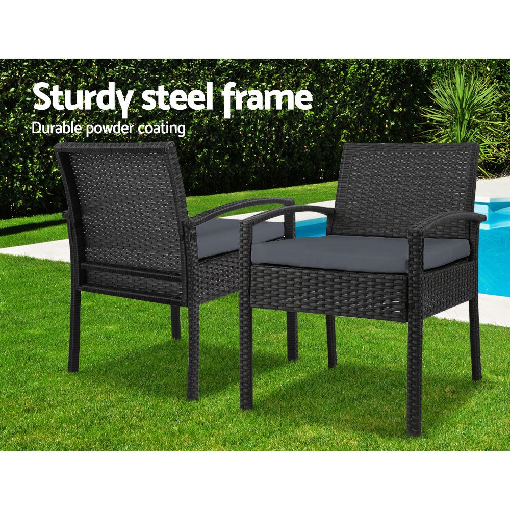 3-Piece Patio Furniture Bistro Set - Black Wicker Outdoor Lounge Chairs & Table for Garden, Balcony, or Backyard Relaxation