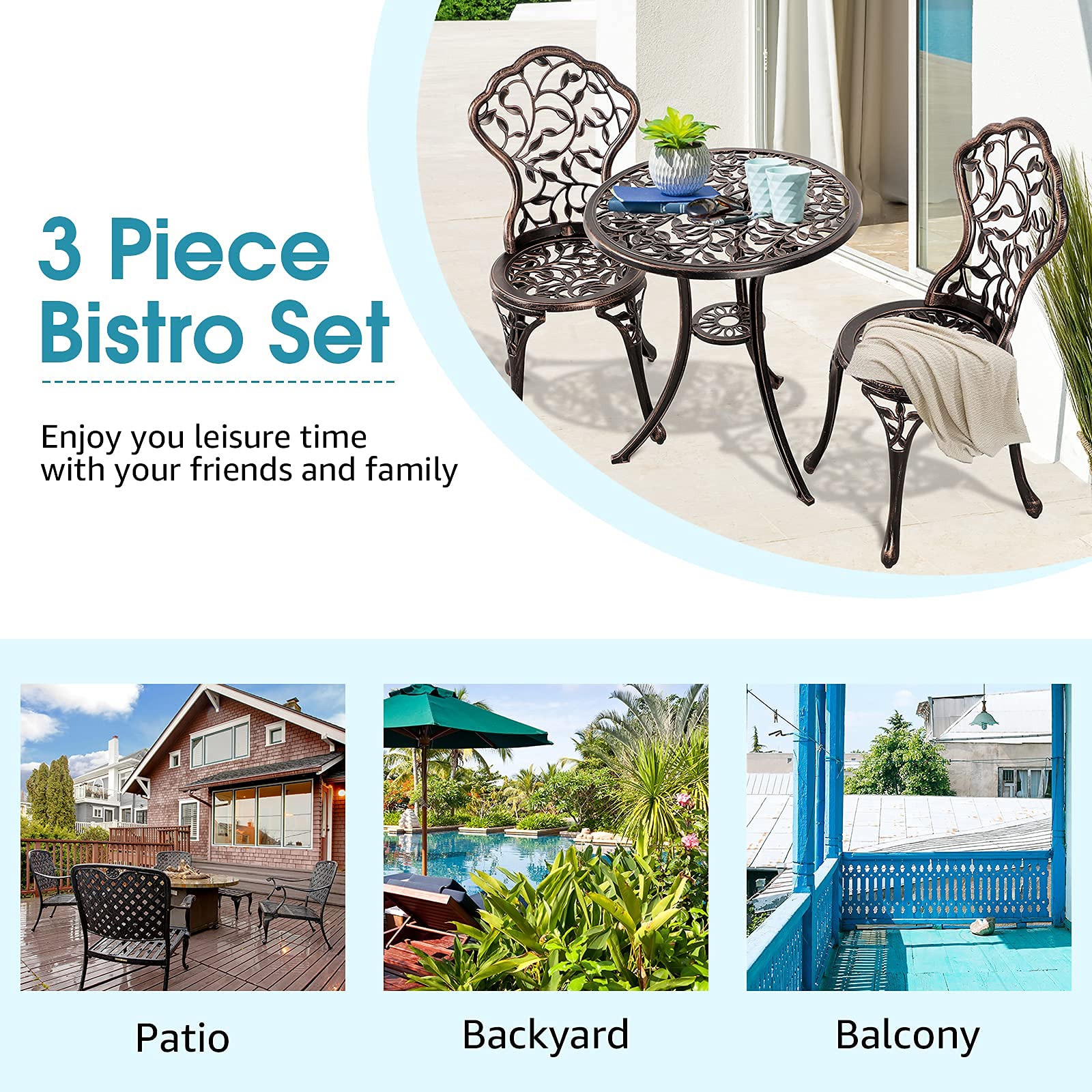 Patiorama 3-Piece Outdoor Bistro Set - Cast Aluminum Patio Furniture with Rust-Resistant All-Weather Design, Decorative Leaf Pattern & Antique Copper Finish - Perfect for Garden, Balcony or Backyard Relaxation