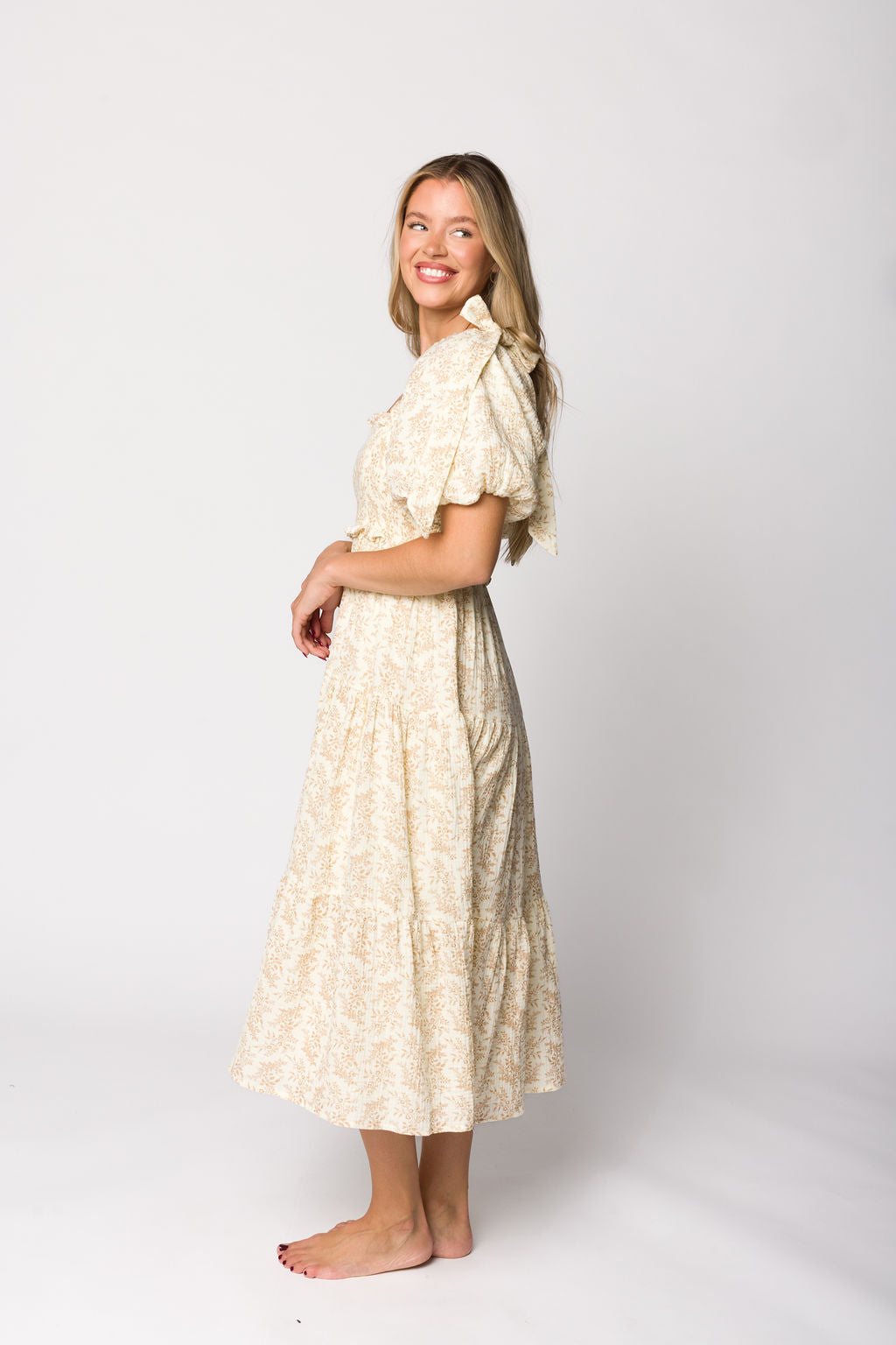 Elena 100% Cotton Toile Print Smocked Midi Dress - Light Brown Bump Friendly Maternity Dress | Perfect for Baby Showers, Brunch Dates & Summer Outfits