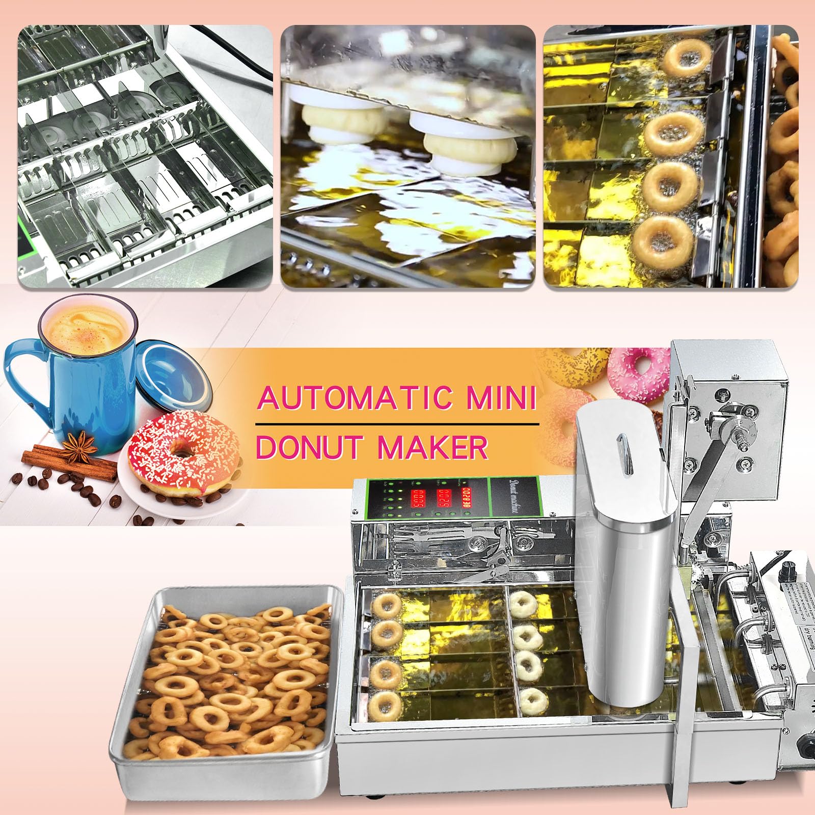 Commercial 4-Row Mini Donut Maker Machine - Stainless Steel Automatic Donut Maker with Large Capacity (1750pcs/h) - Perfect for Bakeries, Cafes, and Food Trucks
