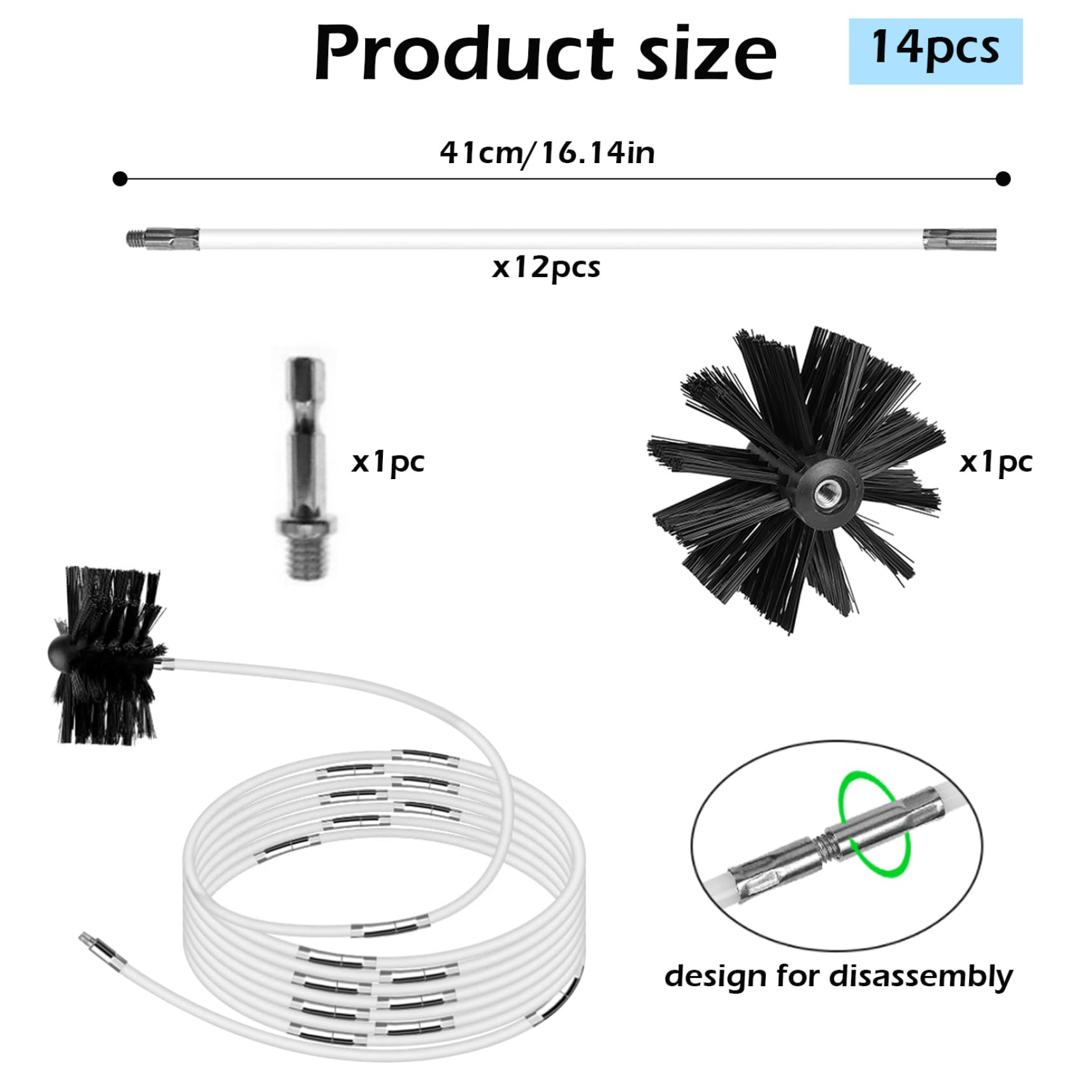 14-Piece Dryer Vent Cleaning Kit with 16-inch Bendable Brush & 4-inch Quick Connect Head - Chimney Sweep & Lint Removal Tool for Efficient Home Maintenance (Ideal for Dryer, HVAC, and Chimney Cleaning)