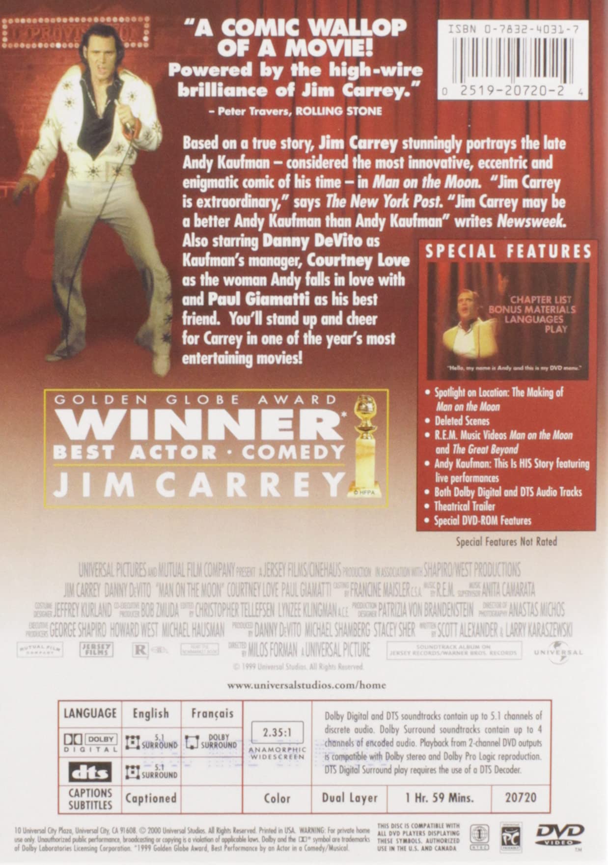 Man on the Moon DVD - Jim Carrey Biopic Comedy Film - Perfect for Movie Nights & Andy Kaufman Fans