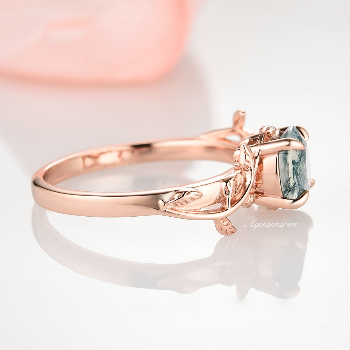 Natural Moss Agate Leaf Ring - 14K Rose Gold Vermeil Jewelry for Women | Elegant Nature-Inspired Gift for Her | Perfect for Weddings, Anniversaries & Everyday Wear