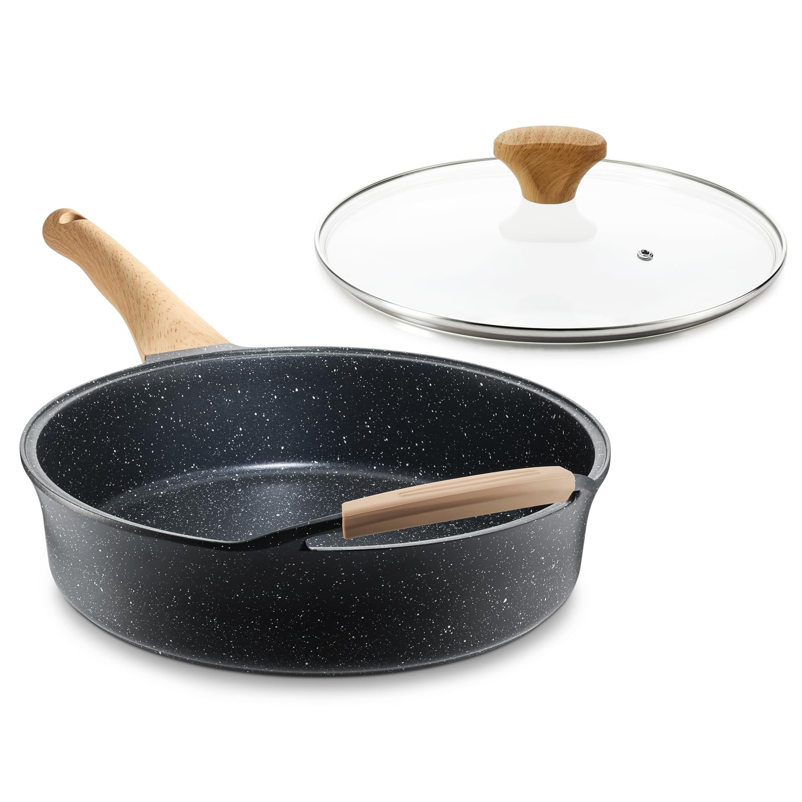 **11 Inch Nonstick Frying Pan with Lid – 4.5 QT Swiss Granite Coating Sauté Pan – PFOA-Free, Induction Ready – Healthy Nonstick Skillet with Helper Handle & Silicone Cover – Perfect for Sautéing, Frying & Everyday Cooking**