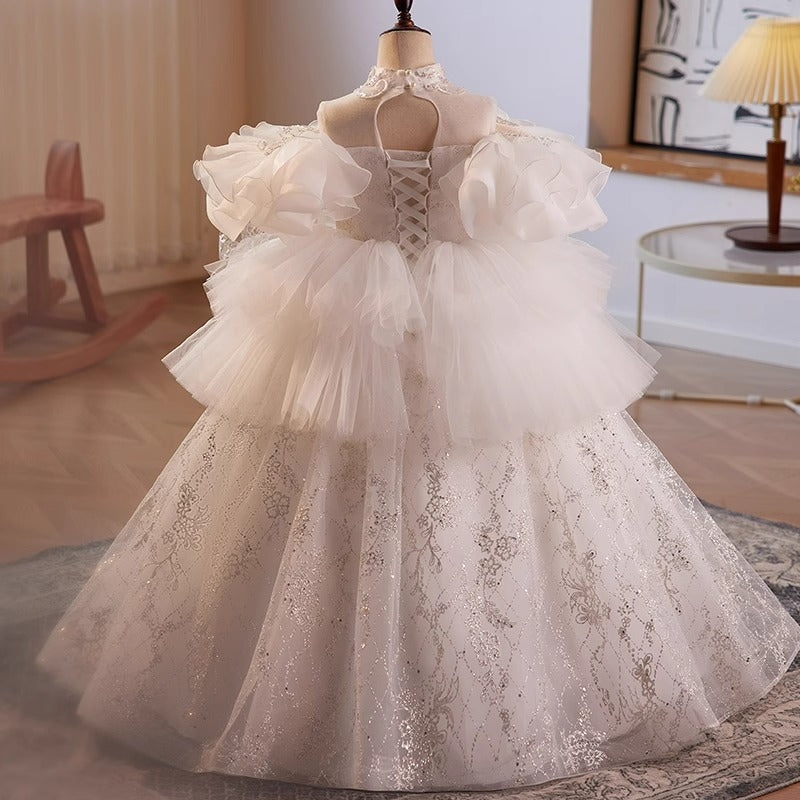 Elegant White Lace Puff Sleeve Princess Dress for Baby Girls - Toddler First Communion Dress - Perfect for Baptism, Christening & Special Occasions