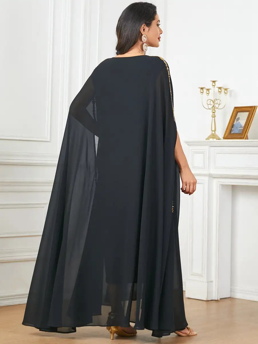 Elegant Eid Caftan Dress for Muslim Women - Flowy Chiffon Embroidery Maxi Dress - Perfect for Eid Celebrations, Weddings & Special Occasions