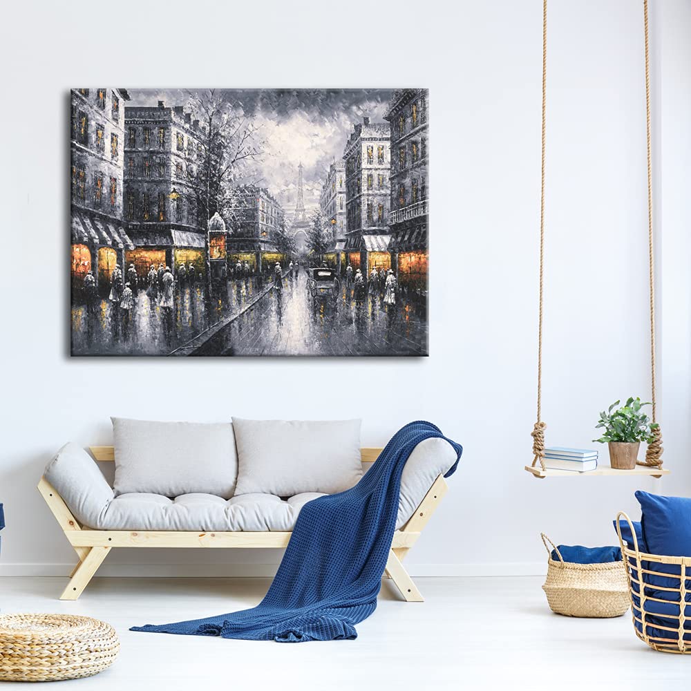Extra Large Paris Street View Canvas Art - Modern Cityscape Oil Painting Print - Contemporary Landscape Wall Decor for Living Room, Bedroom & Office - 48x36 Inches