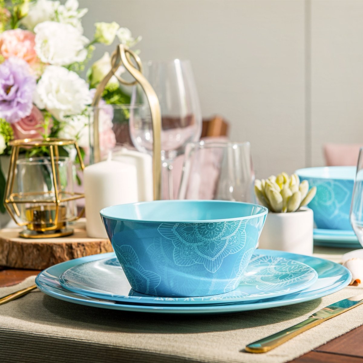 12-Piece La La Mandala Melamine Dinnerware Set - Ombre Blue Plates & Bowls for Outdoor Picnics, Parties, and Durable Everyday Use