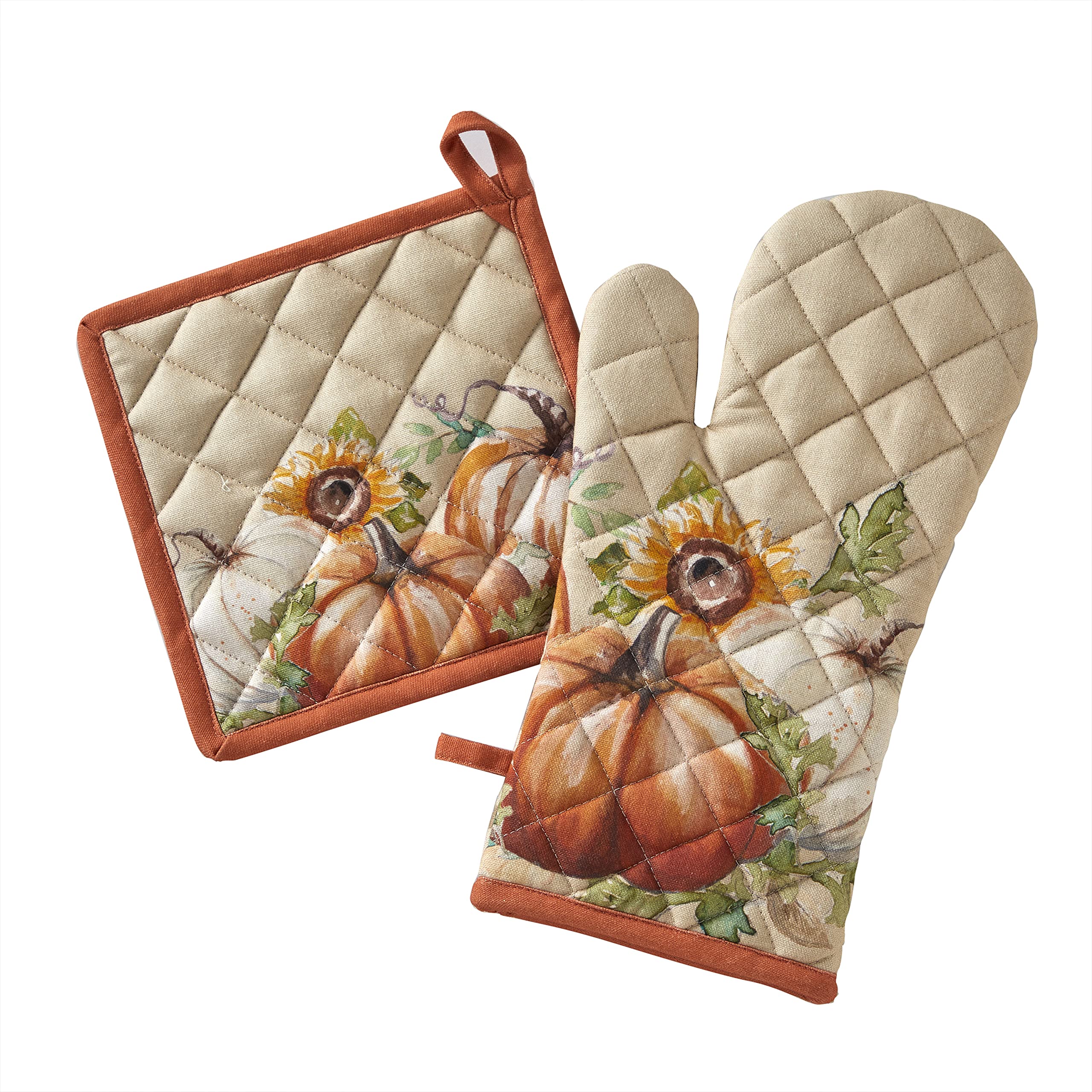 SKL Home Harvest Autumn Pumpkin Oven Mitt and Pot Holder Set - Heat Resistant Kitchen Accessories for Baking, Cooking & Thanksgiving Decor