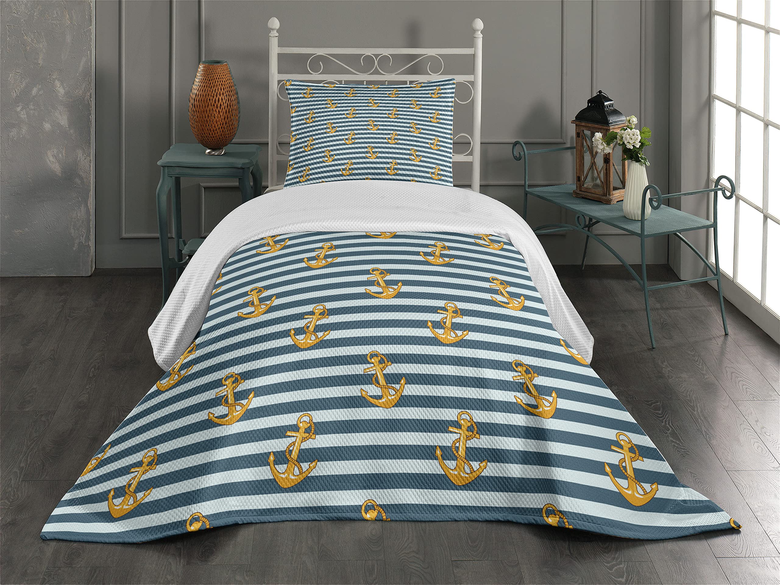 Ambesonne Nautical Stripe Quilted Bedspread Set - Twin Size Blue & Yellow Anchor Design Coastal Theme, 2-Piece Coverlet with Pillow Sham | Perfect for Beach House Bedroom, Guest Room Decor, Coastal Cottage Style
