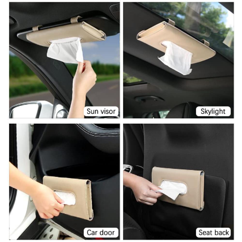 Premium PU Leather Car Tissue Holder - Hanging Sun Visor & Backseat Napkin Box Organizer | Car Accessories for Tissue Storage & Vehicle Decoration (Khaki) | Perfect for Road Trips, Daily Commute & Family Travel