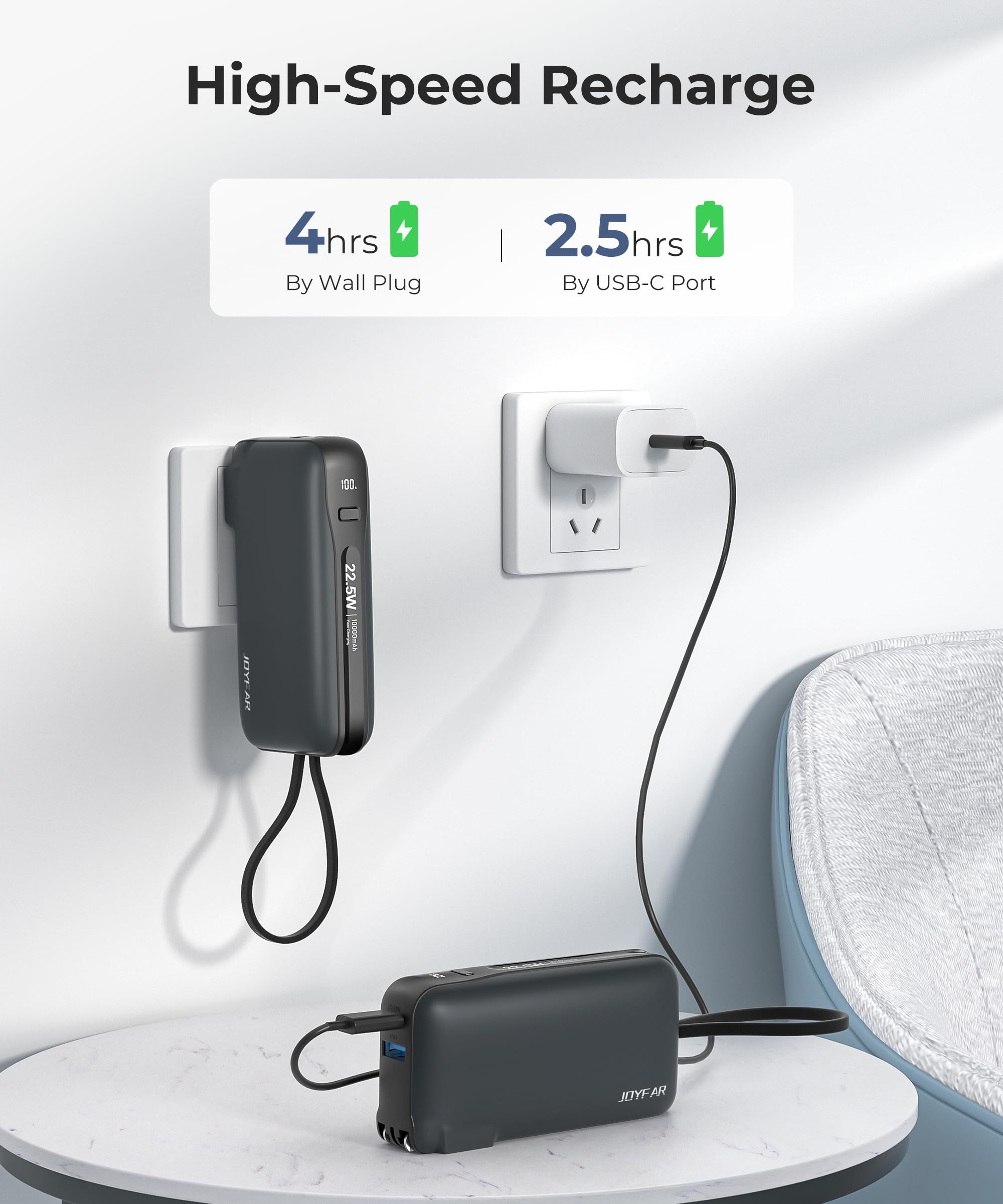 **10,000mAh Portable Charger with Built-in USB-C Cable & Plug - 22.5W Fast Charging Power Bank for iPhone 16/15, Samsung Galaxy, iPad - Compact Travel Essential with 3 Outputs (1 Pack) - Perfect for Travel, Camping & Emergency Charging**