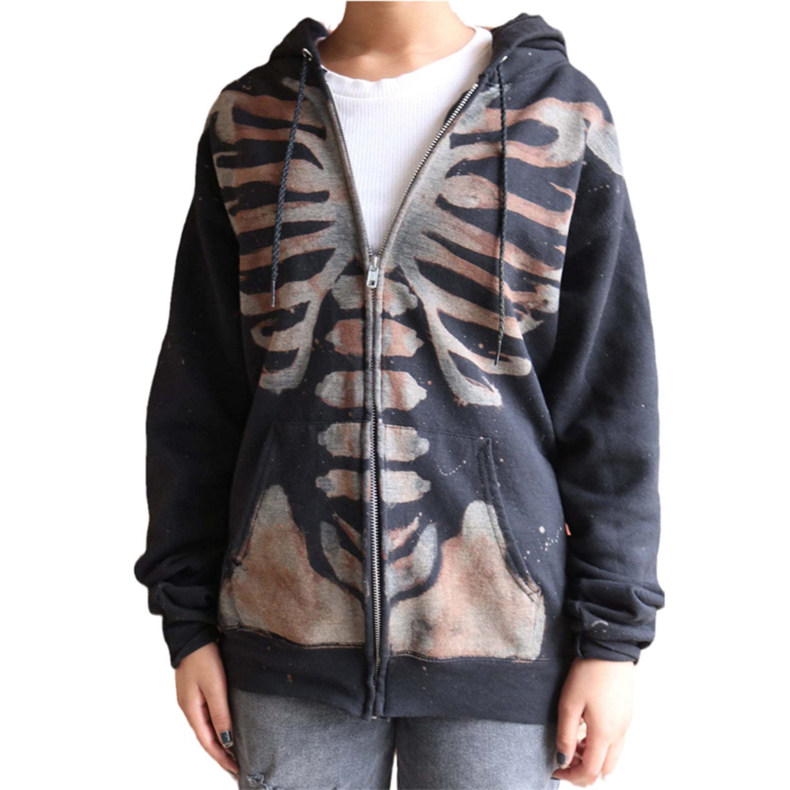Women's Skull Print Zip Up Jacket - Halloween Fashion Long Sleeve Loose Cardigan Coat | Perfect for Costume Parties, Night Out & Spooky Season Outfits