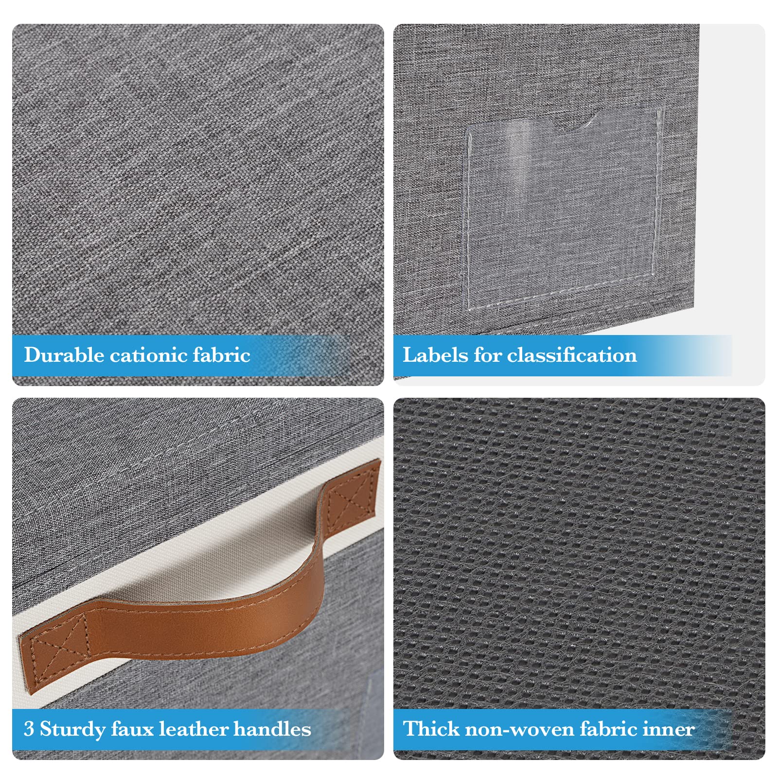 Extra Large Foldable Storage Bins with Lids - 32L Fabric Storage Baskets with PU Handles & Labels - 3-Pack Grey & White Organizer Boxes for Closet, Bedroom, Office & Home Organization