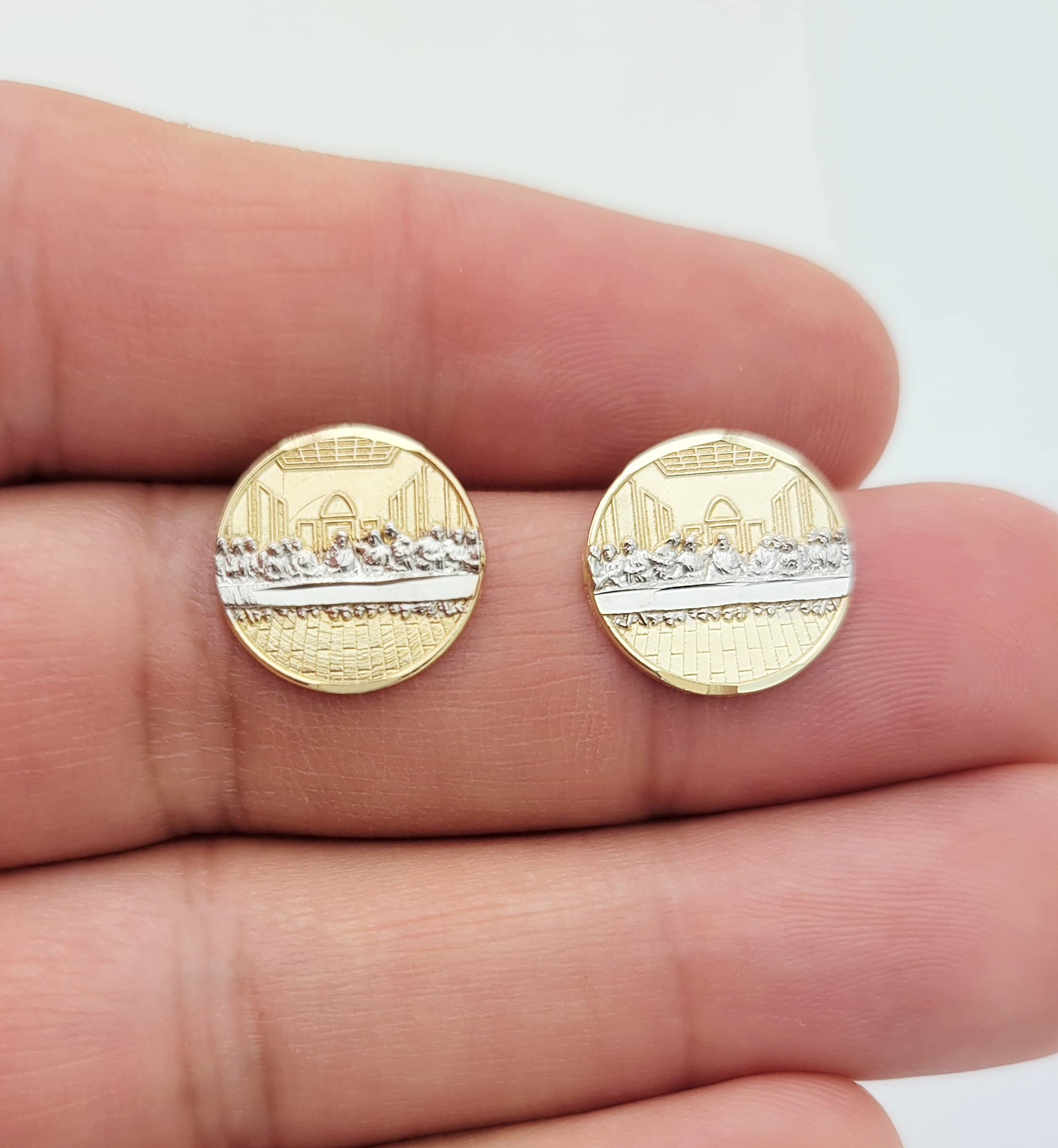 10K Yellow Gold Last Supper Earrings for Men - Religious Jewelry Gift for Christian Faith - Perfect for Church, Baptism & Special Occasions