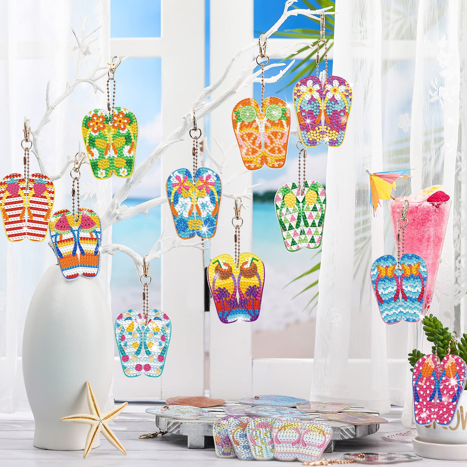 Karenhi 20 Pcs Diamond Painting Keychain Kits - DIY Flip Flop Shaped Keyrings with Sparkling Rhinestones for Adults & Beginners | Perfect for Summer Beach Parties, Gift Giving & Craft Decorations