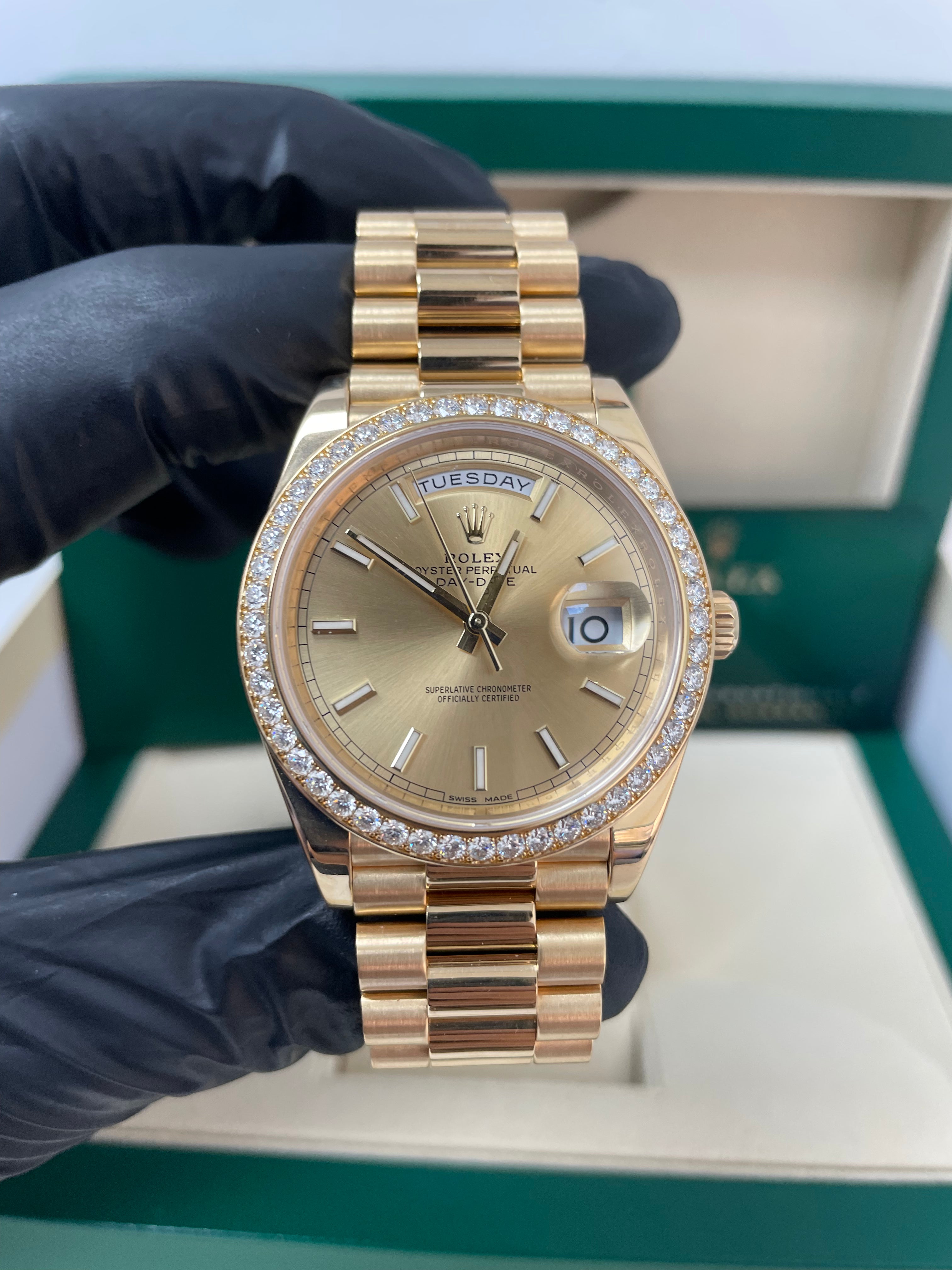 Rolex Day Date 40 Yellow Gold Watch with Champagne Dial & President Bracelet | Luxury Men's Dress Watch for Business & Formal Occasions | Ref# 228348RBR