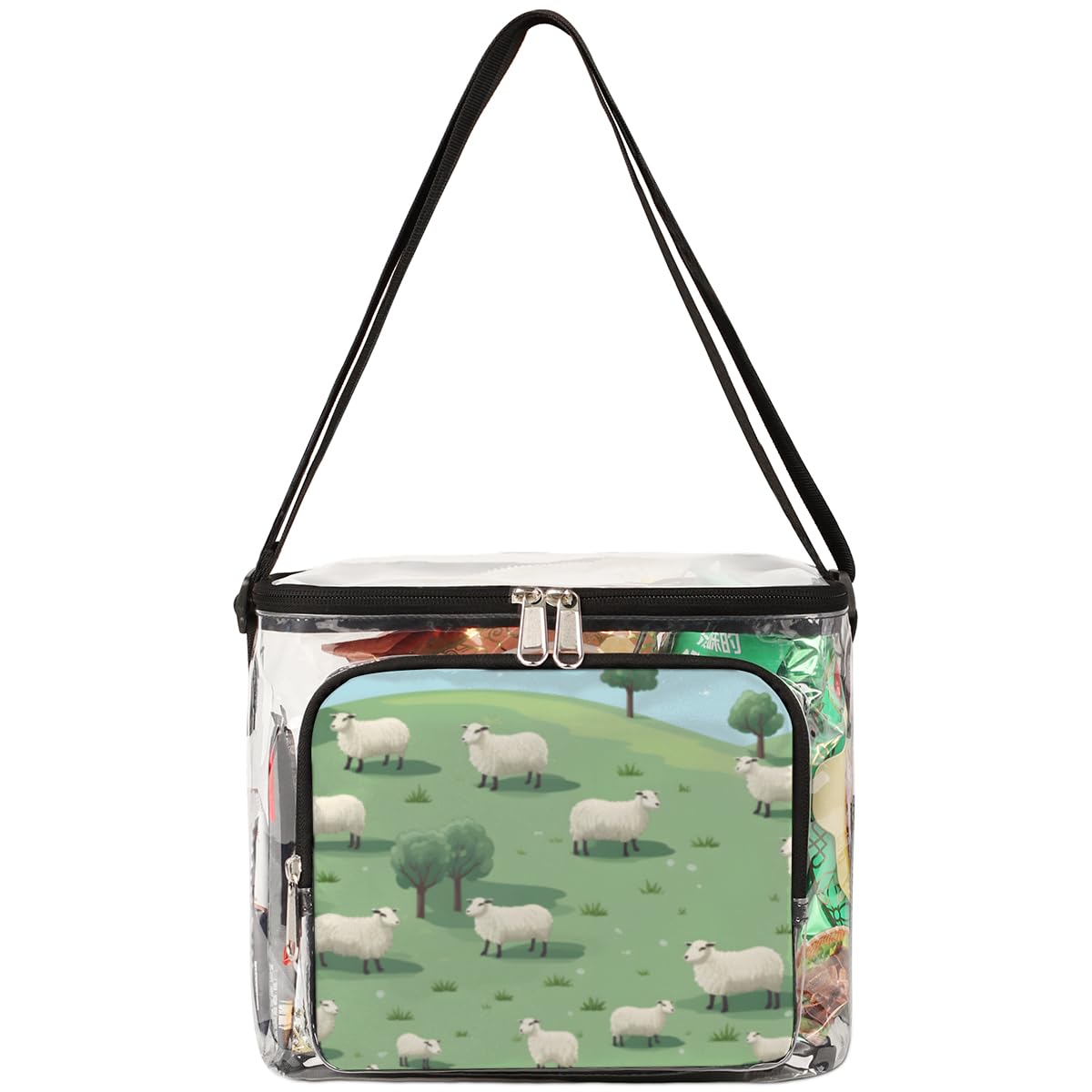 GzLeyigou Clear Tote Bag with Sheep Design - Transparent Crossbody Shoulder Bag for Lunch, Outdoor, Travel, Picnic, Concerts & Sports Events (Stadium Approved) - Perfect for Farm Visits, Countryside Outings and Animal-Themed Parties