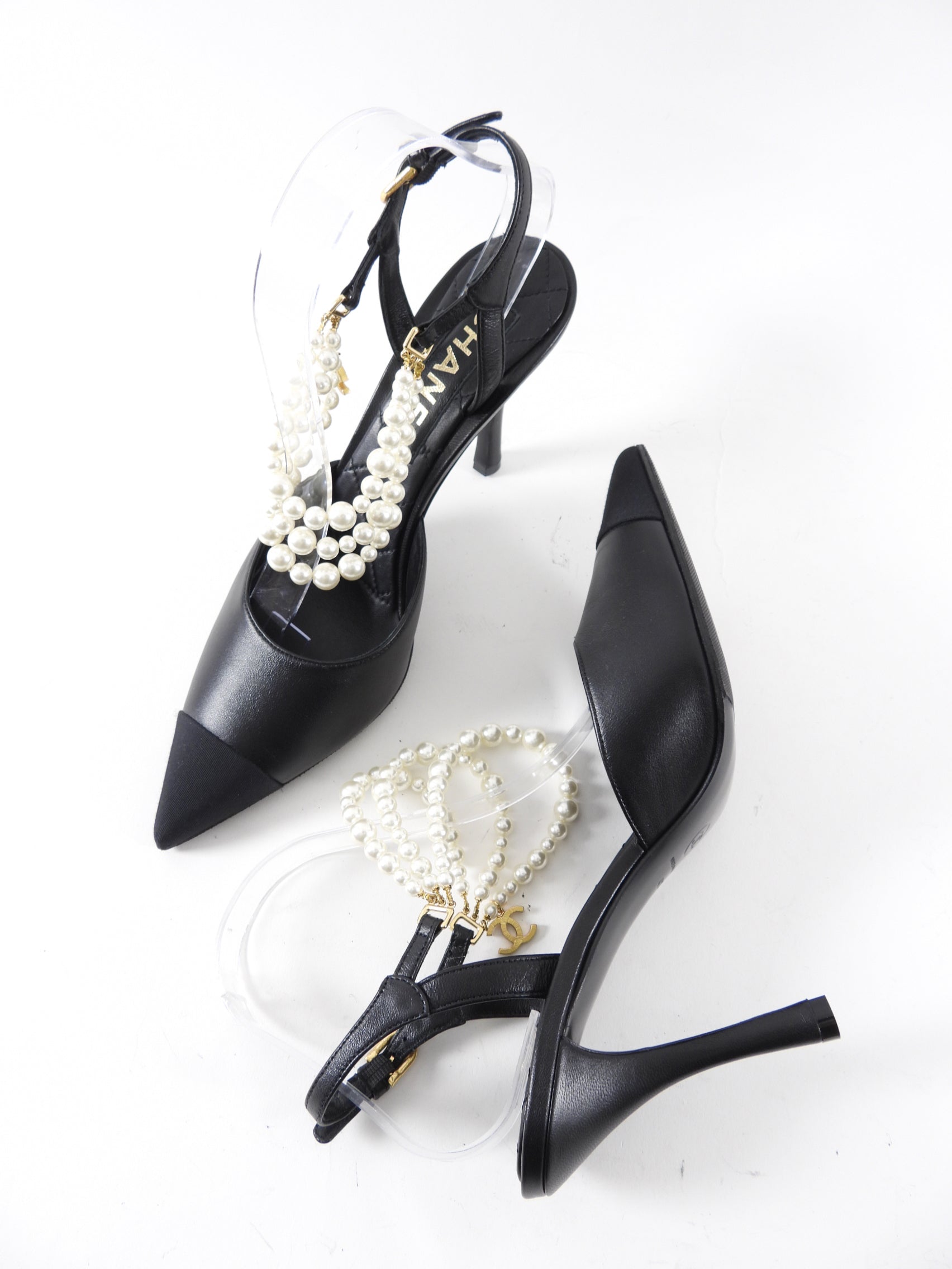 Chanel Black Leather & Fabric Cap Toe Pearl High Heels Women's Shoes Size 40C - Perfect for Evening Parties, Weddings & Special Occasions