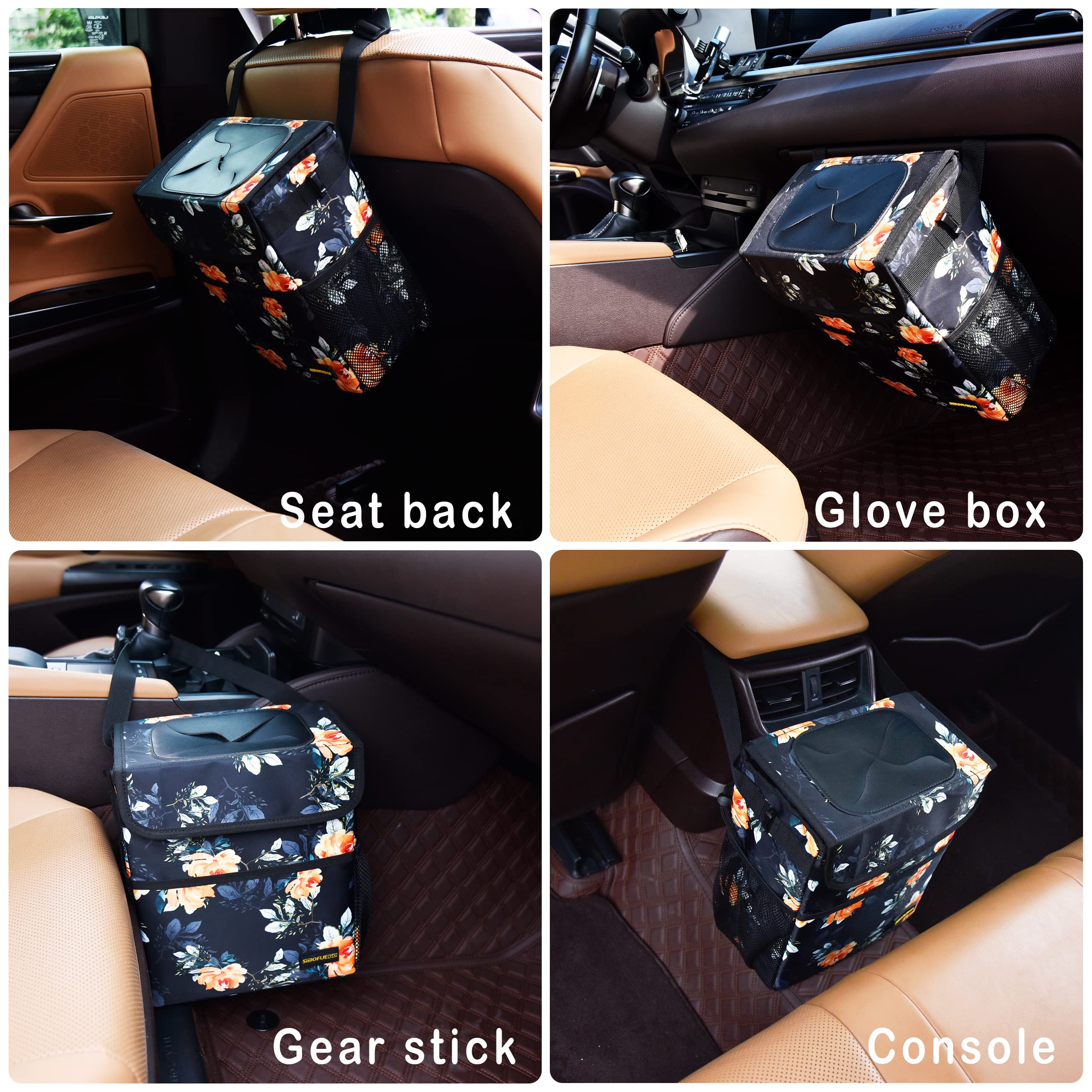 Leak-Proof Collapsible Car Trash Can with Lid - 2 Gallon Waterproof Garbage Bin with Storage Pockets & Adjustable Straps for Vehicles, Travel, Camping & Home Use (Flower Design)