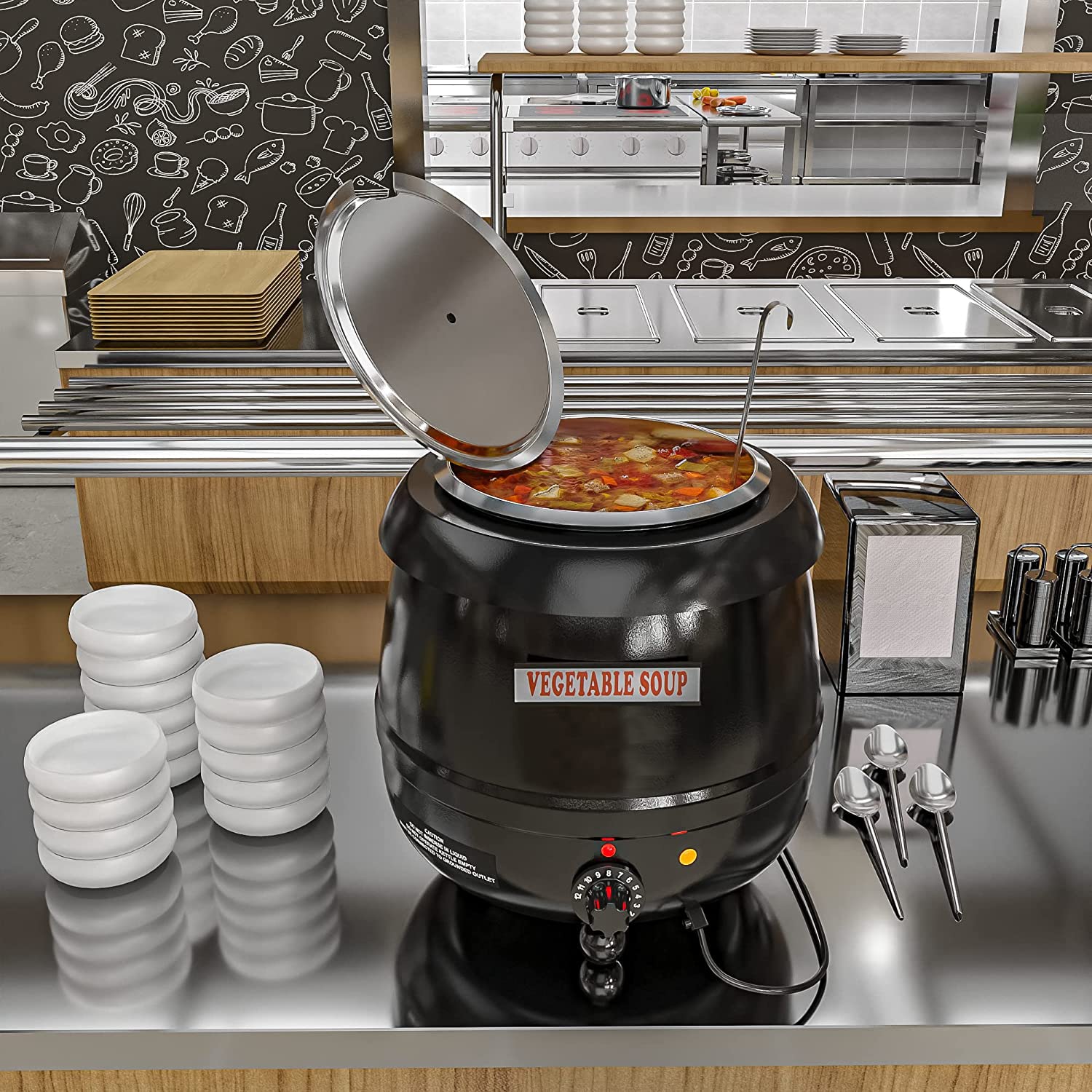 YBSVO 11 Quart Round Black Countertop Food Warmer & Soup Kettle with 120V 400W Heating - Perfect for Restaurants, Buffets, Catering & Home Kitchen Use