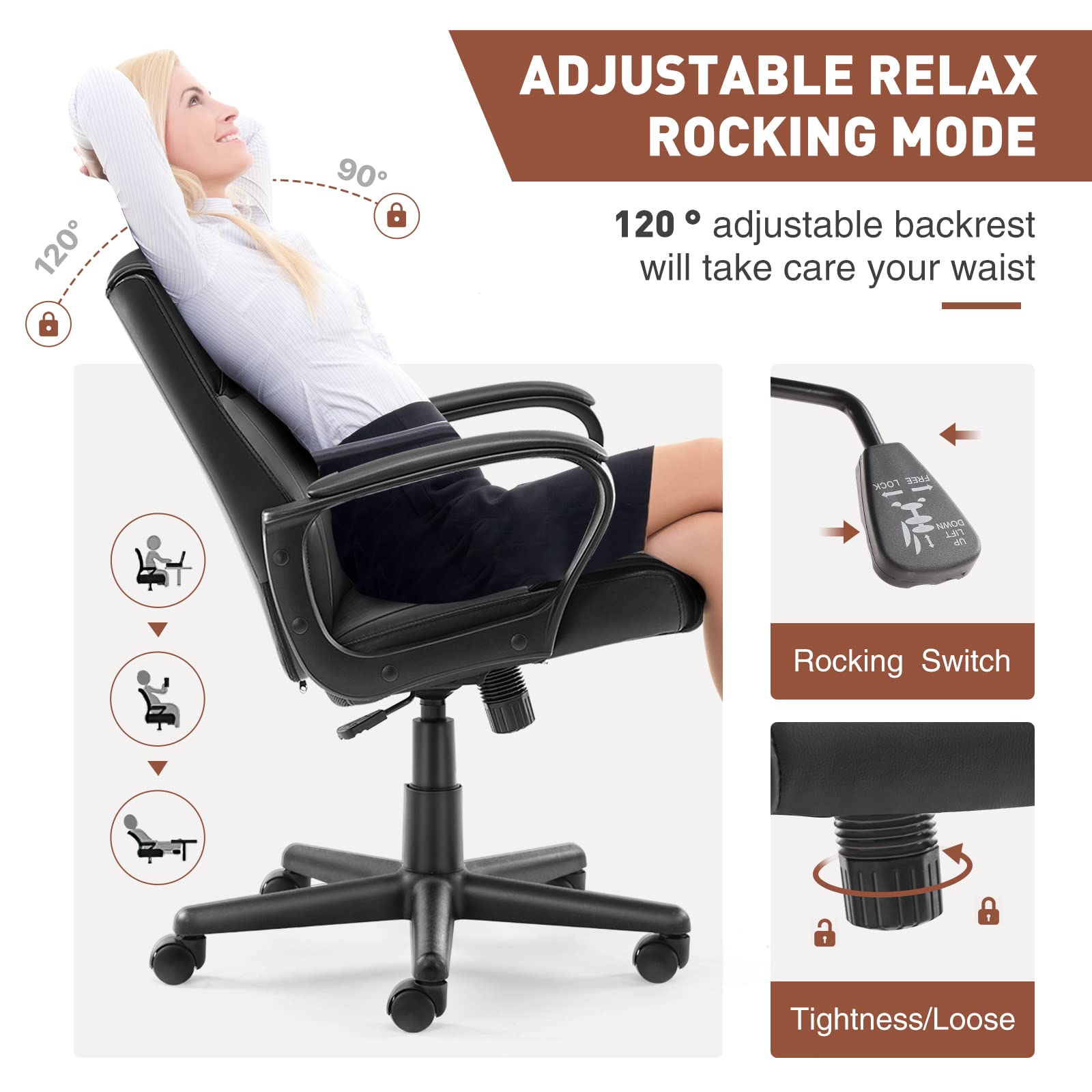OLIXIS Executive Office Chair - Ergonomic Mid Back Lumbar Support, Adjustable Height & Tilt, PU Leather Swivel Rolling Chair with Padded Armrests - Modern Black for Home Office, Conference Room & Workspace