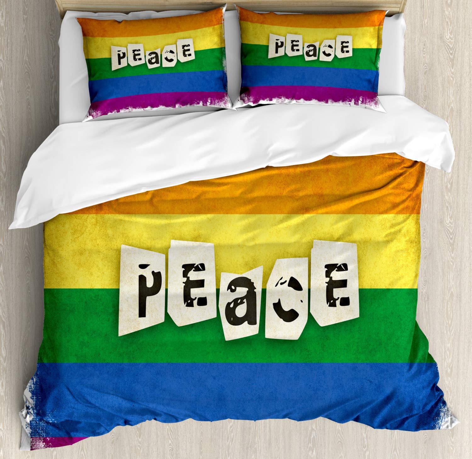 Ambesonne Pride Duvet Cover Set - Vintage Gay Lesbian Flag Print with Grunge Stripes & Peace Wording, 3-Piece California King Bedding Set with 2 Pillow Shams, Multicolor | Perfect for LGBTQ+ Themed Bedrooms, Pride Month Decor & Boho Chic Home Styling