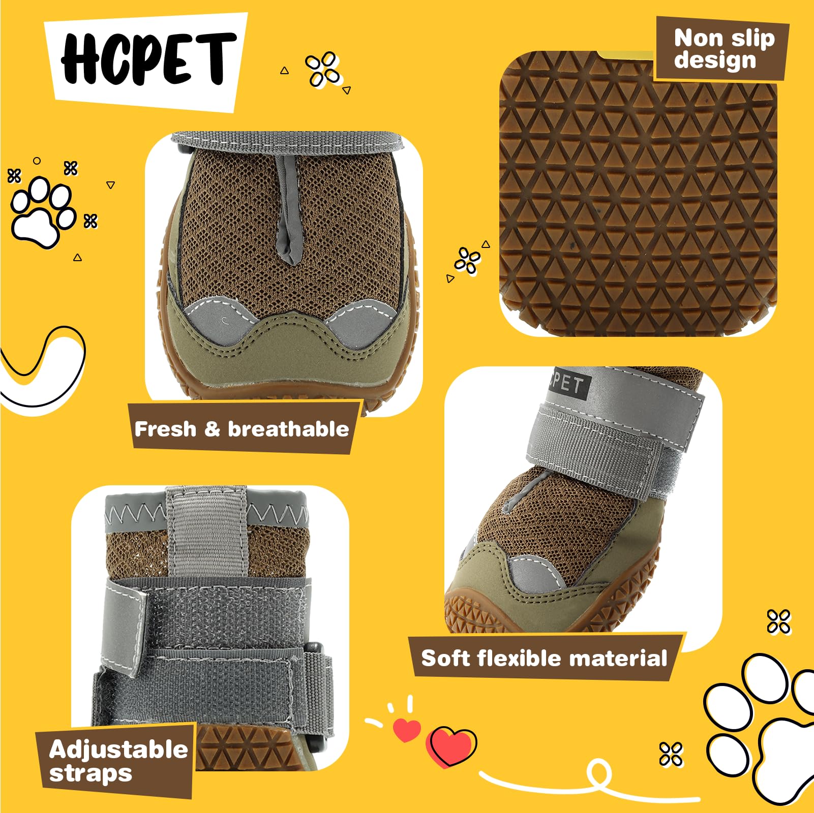 HCpet Dog Boots for Large, Medium & Small Dogs - Breathable Anti-Slip Paw Protectors for Hot Pavement, Winter Snow & Hiking | Reflective Straps Army Green Size 6 | Perfect for Outdoor Adventures & Daily Walks