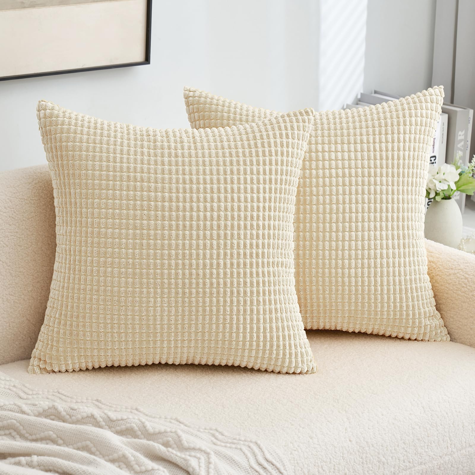 MIULEE 2 Pack 18x18 Inch Beige Corduroy Pillow Covers - Super Soft Decorative Throw Pillow Cases for Couch, Sofa, Bedroom & Living Room - Home Decor Accent Pillows for Cozy Comfort and Stylish Interior Design