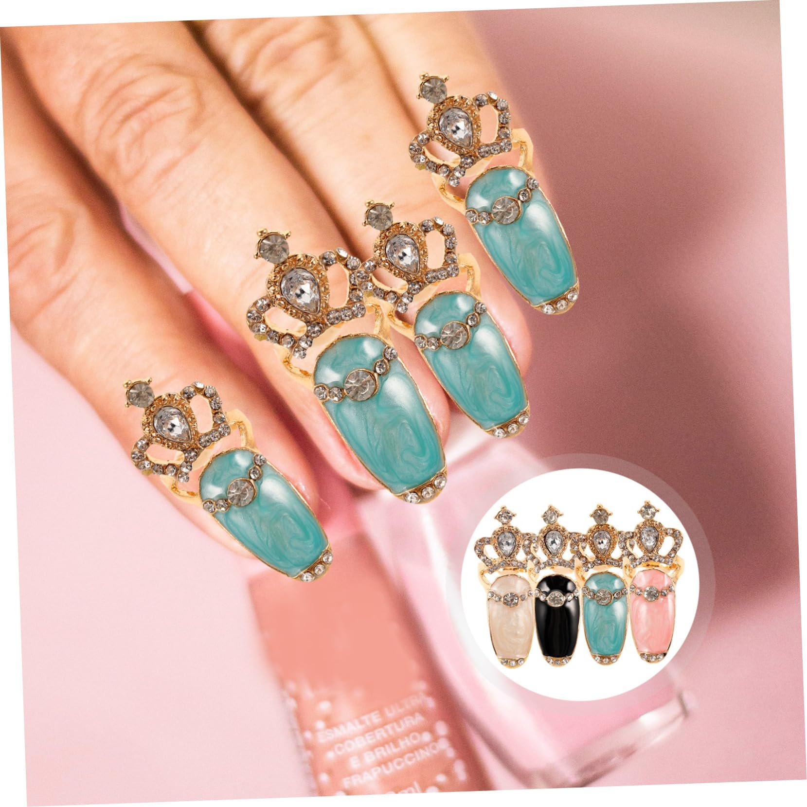 Uonlytech 4pcs Trendy Women's Nail Rings - Elegant Manicure Jewelry Set with Crown & Pointed Design for Nail Art Decor (Perfect for Parties, Weddings & Special Occasions)