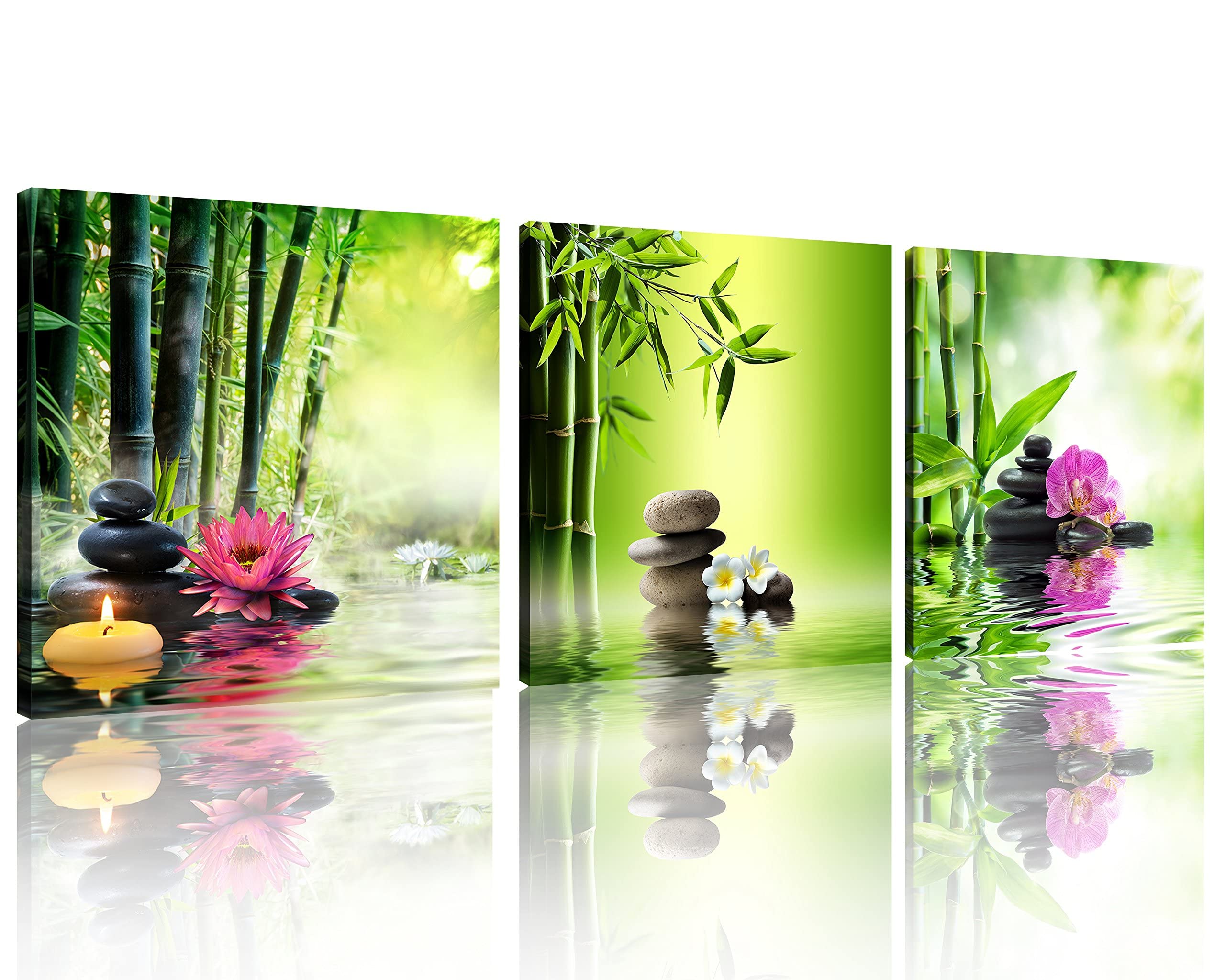 TutuBeer 3-Panel Zen Art Canvas Prints - Green Bamboo with Pink Water Lily & Frangipani Spa Wall Decor - Ready to Hang Asian-Inspired Bathroom & Home Decor for Relaxation & Meditation Spaces